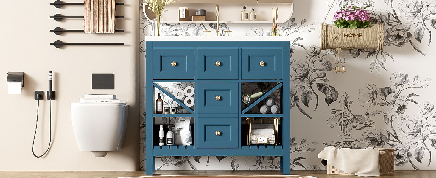 Bathroom Vanity With Resin Sink Combo, Freestanding Vanity Set With 5 Drawers