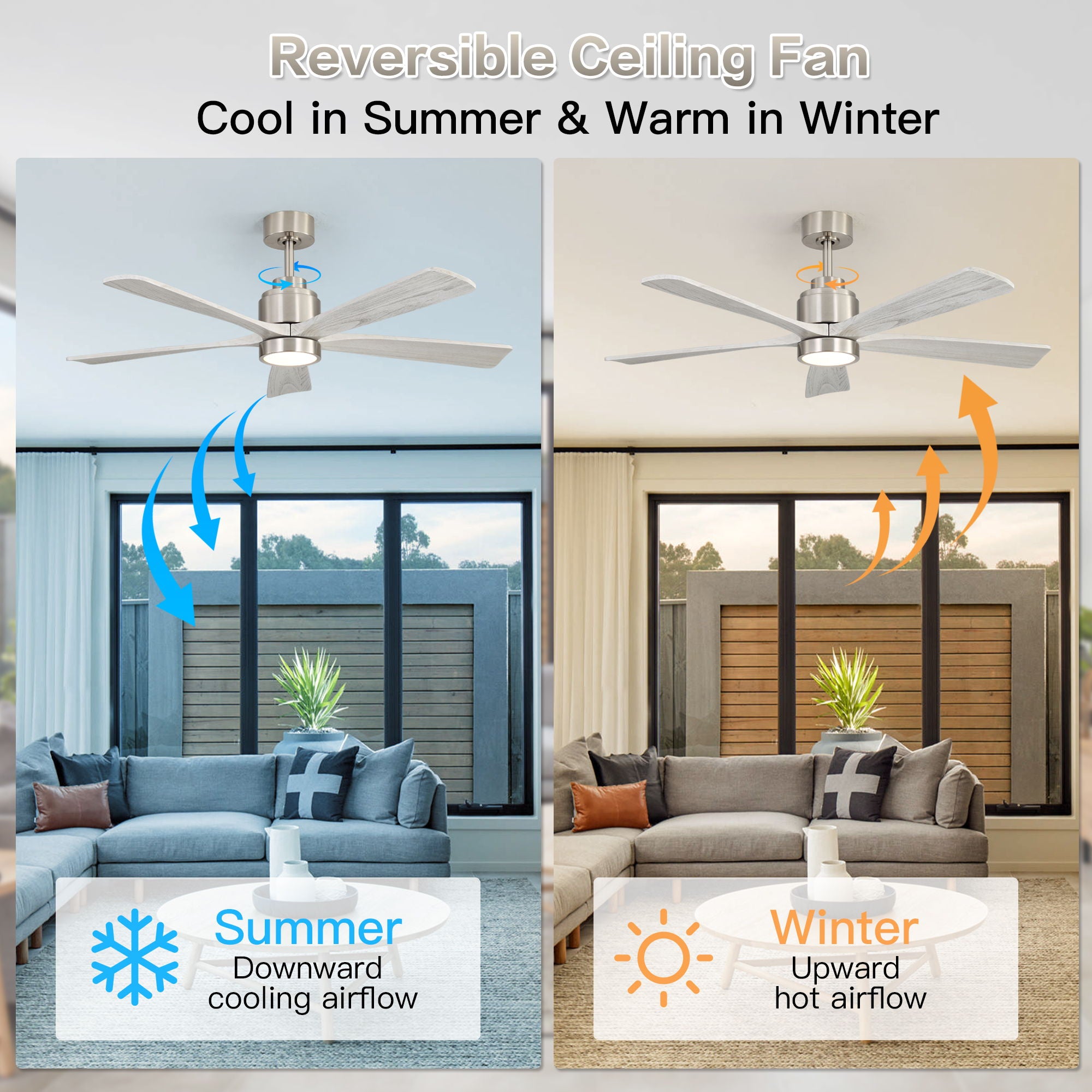 Ultra Quiet Reversible Ceiling Fan With Light Dimmable LED For Large Room - Brushed Nickel