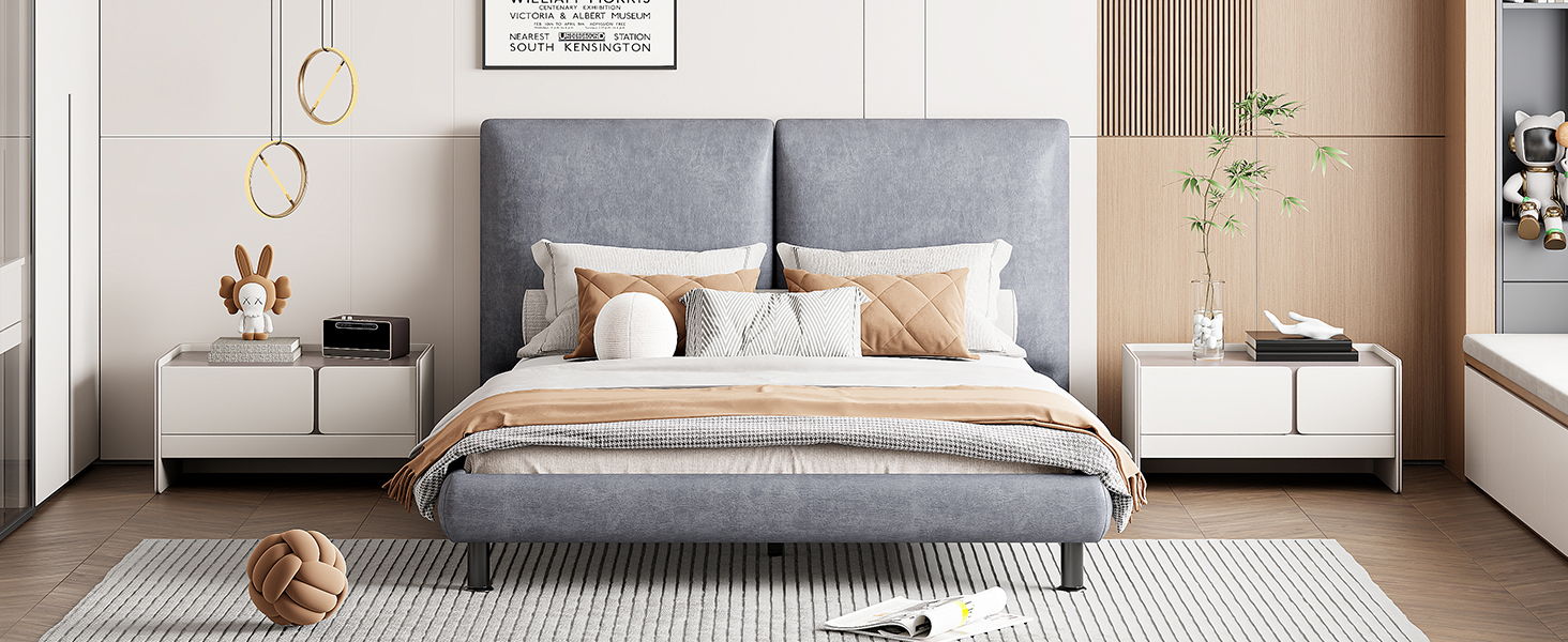 Upholstered Platform Bed With 2 Large Headrests And Thick