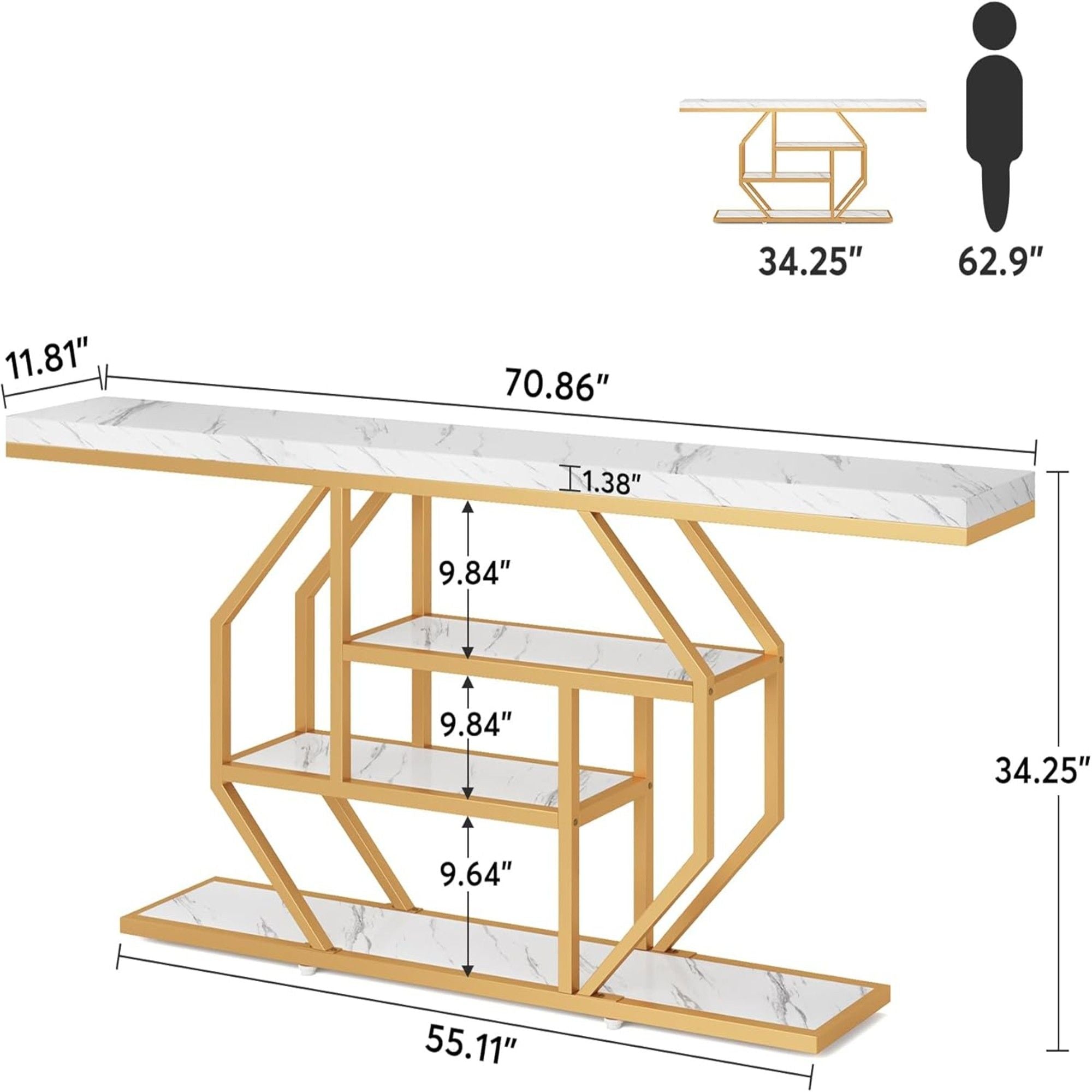Extra Long Console Table With 4 Tier Storage For Living Hallway - White / Gold