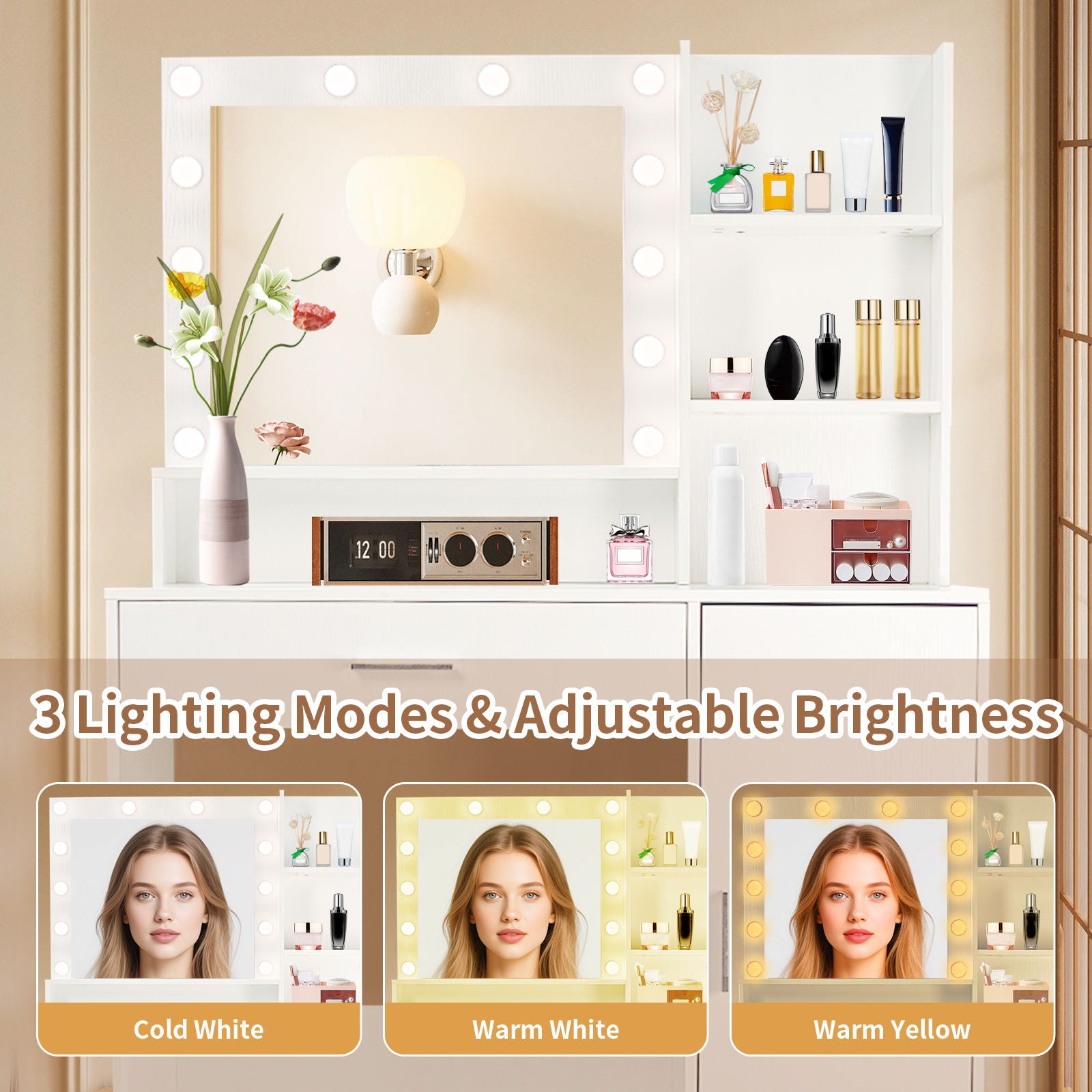 Vanity Desk With Mirror And Adjustable LED Lights, 3 Lighting Modes, Drawer And Storage Cabinet - White