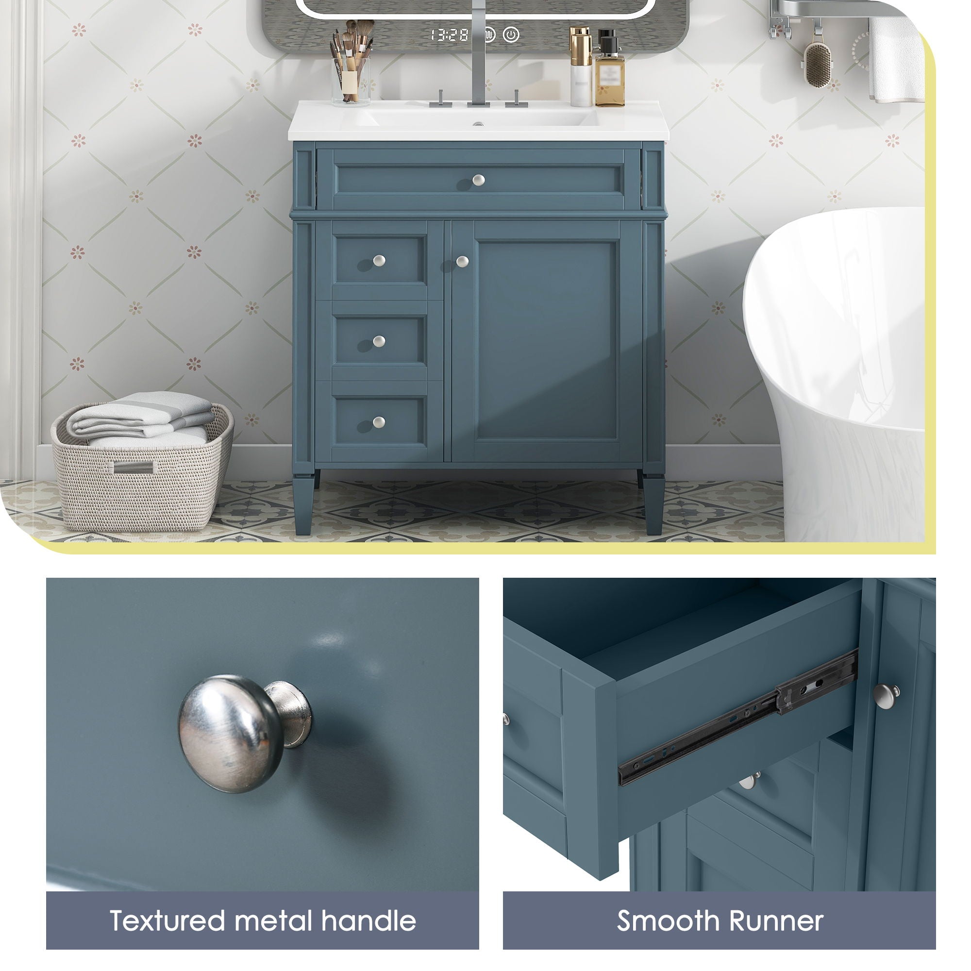 Bathroom Vanity With Top Sink, Storage Cabinet With 2 Drawers And Tip Out Drawer, Rectangular Design - Blue