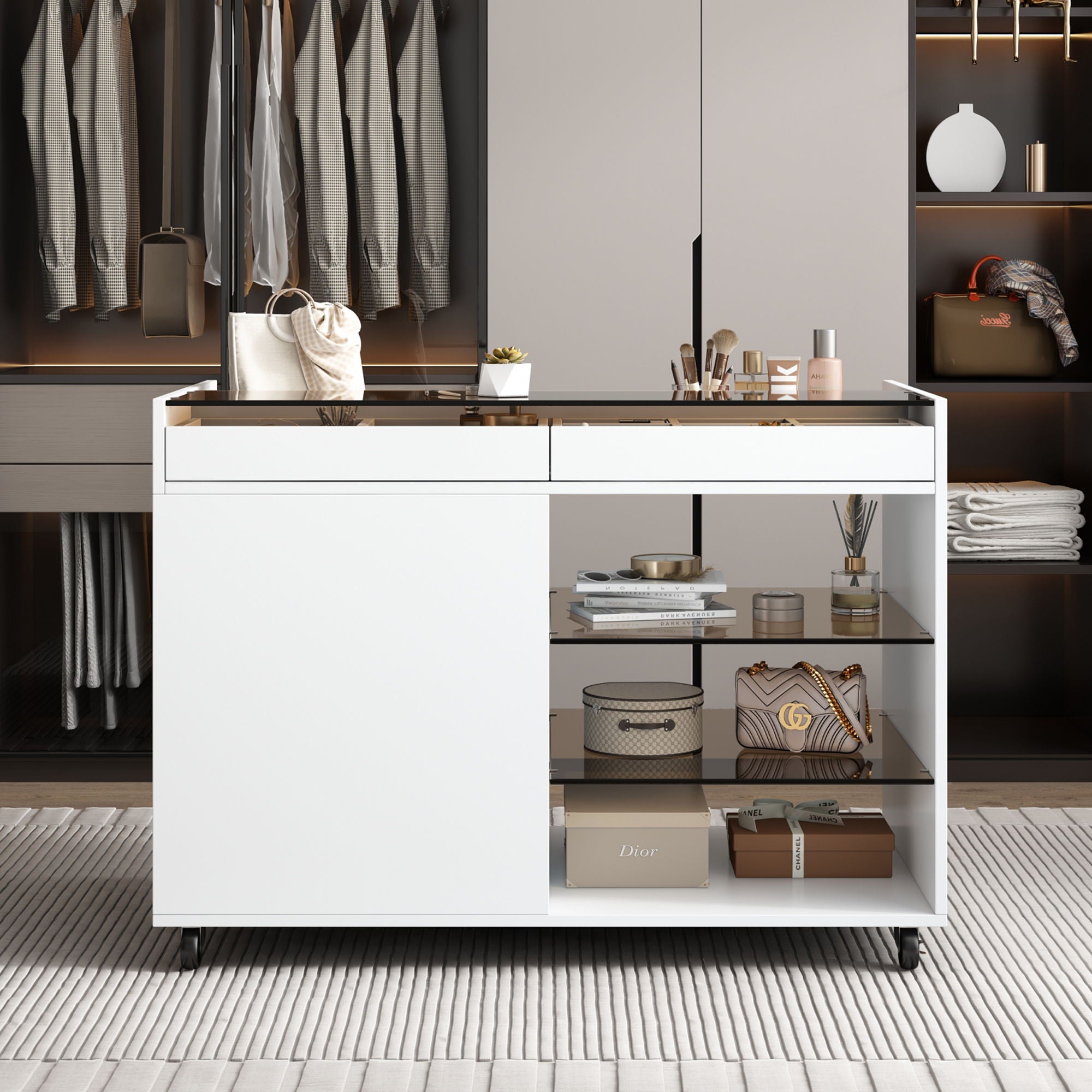 Multi-Functional Storage Island Movable Storage Cabinet Island Vanity Dresser With 3 Side Storage Drawer, A Reversible Top Storage Space And 2 Glass Display Shelves - White