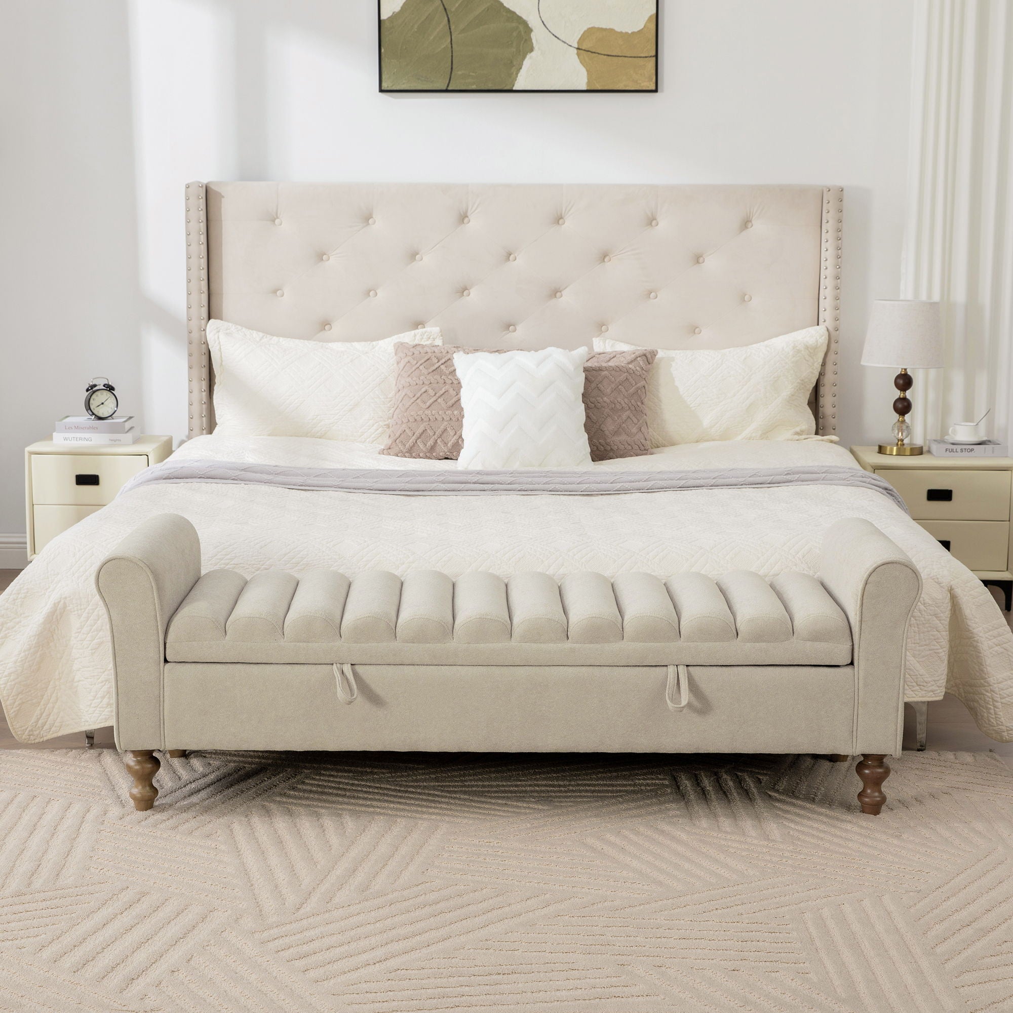 Wide Upholstered Storage Bench With Rolled Armrest For Bedroom - Griege