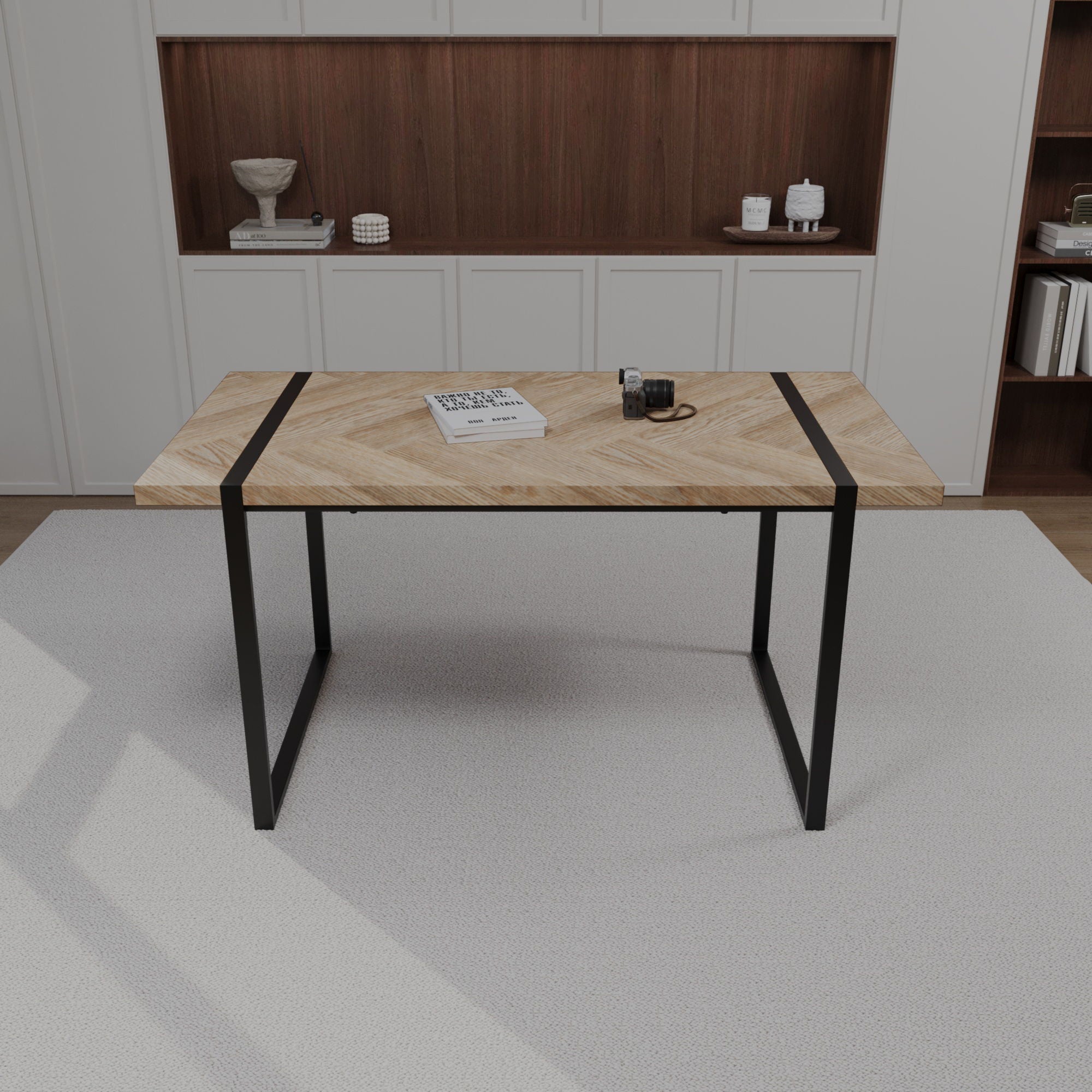 Modern Dining Table & Suede Chair Set WIth Rectangular Metal Base