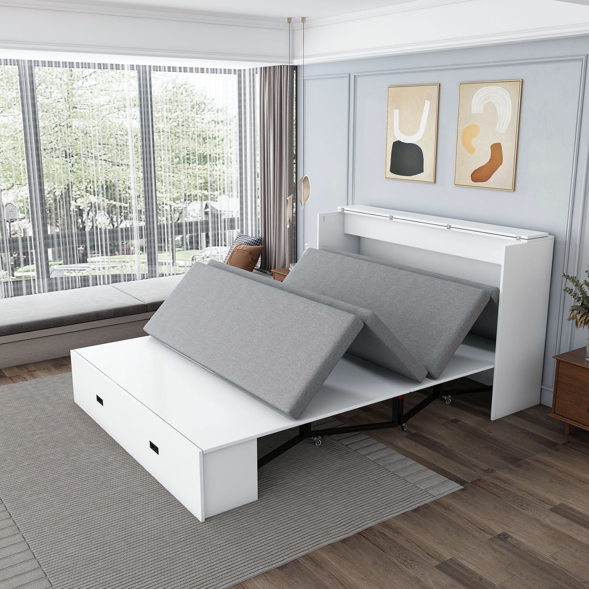 Murphy Bed With Storage Drawers And Charging Cabinet, Foldable Panels, Swivel Wheels