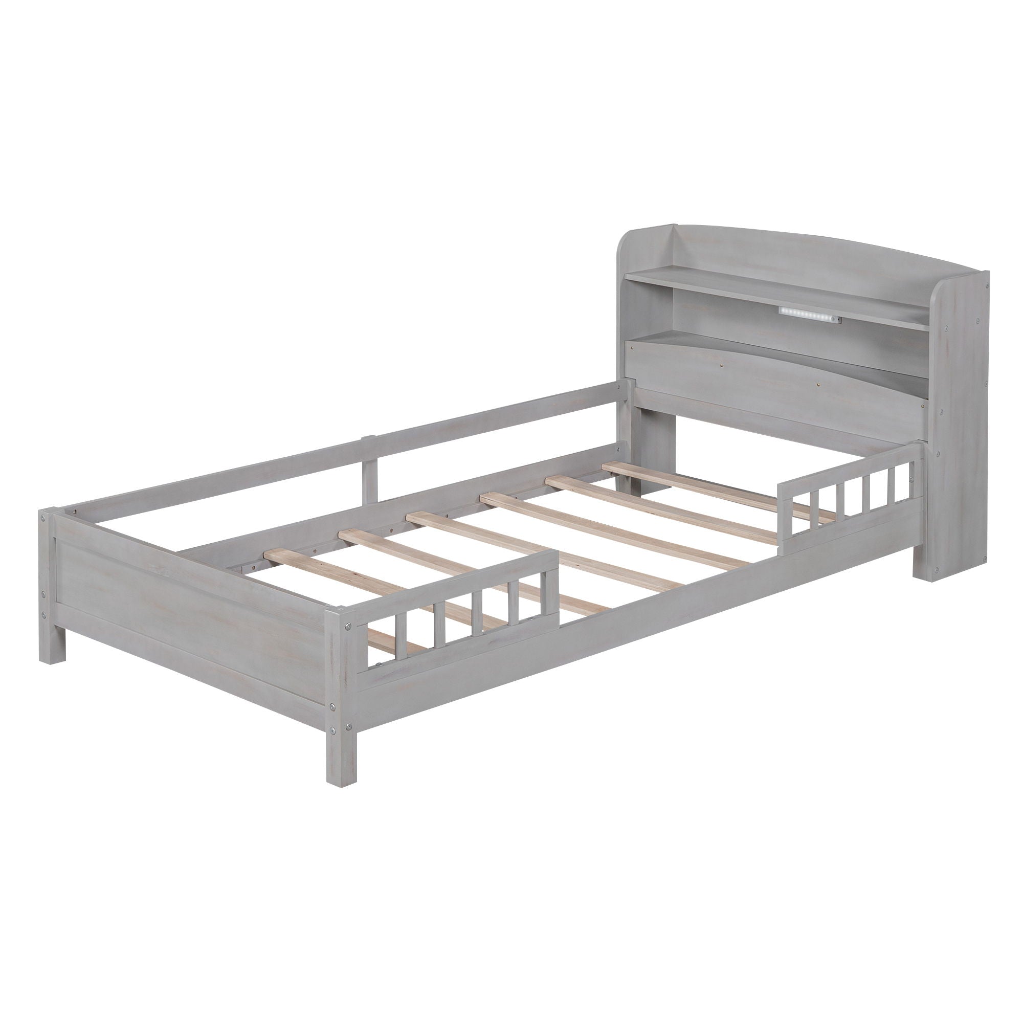 Wood Platform Bed With Built In LED Light, Storage Headboard And Guardrail