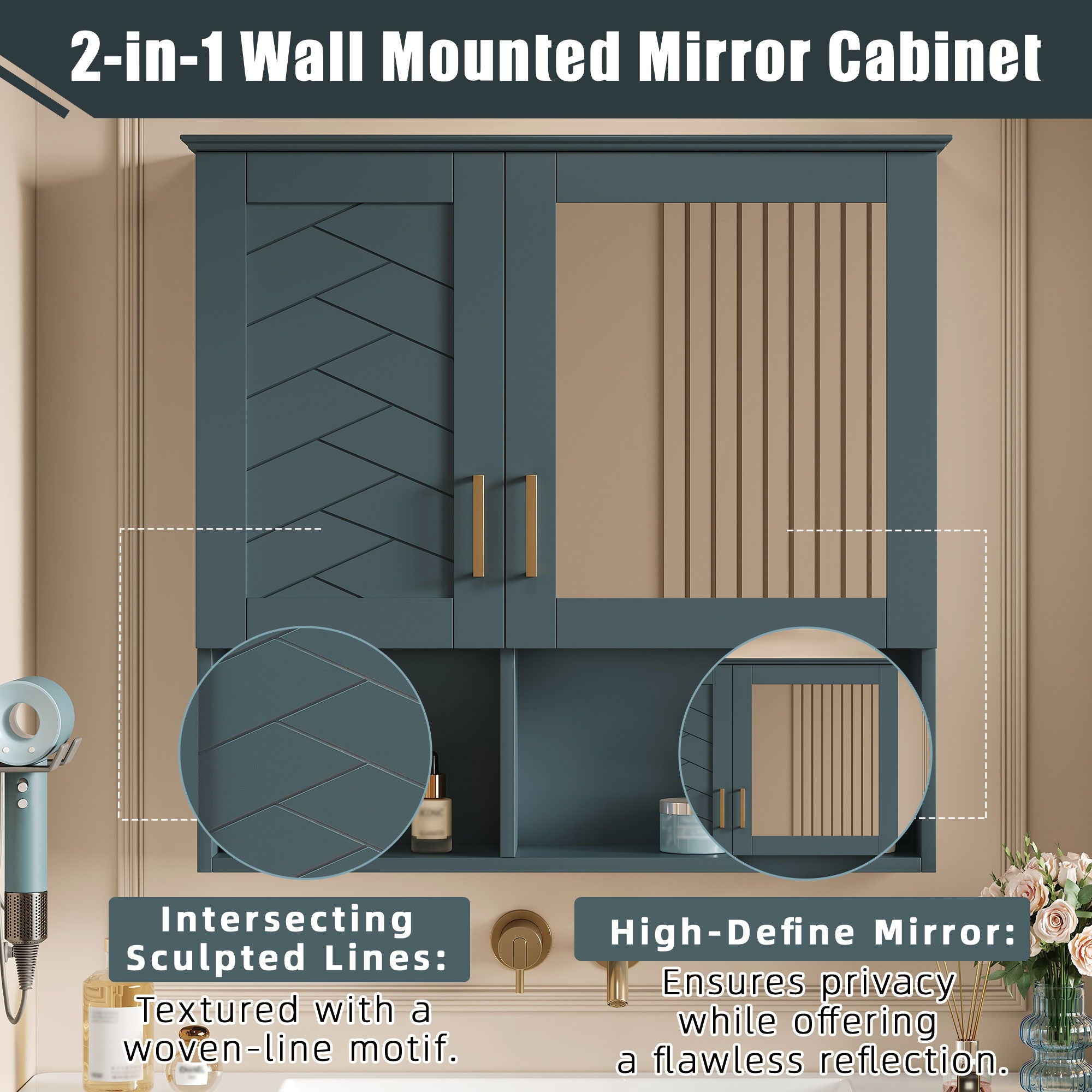 2 In 1 Wall-Mounted Mirror Cabinet With Adjustable Shelves, Soft-Close Doors, High-Definition Mirror & Storage