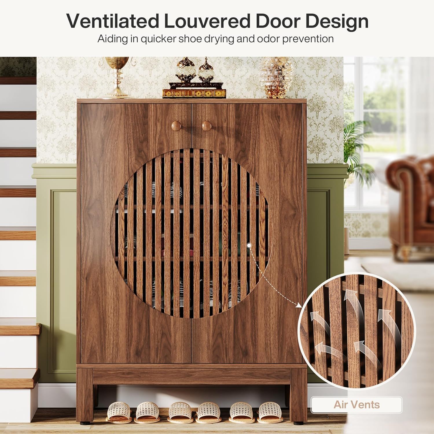 5 Tier Shoe Cabinet With Round Louvered Doors, Storage Organizer - Brown