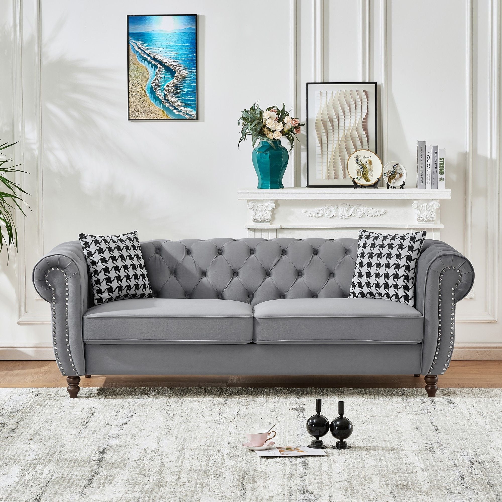 Chesterfield Velvet Upholstery Fabric Sofa With Roll Armrest & Nailhead, Mid Century Modern 3 And 3 Seater Couch
