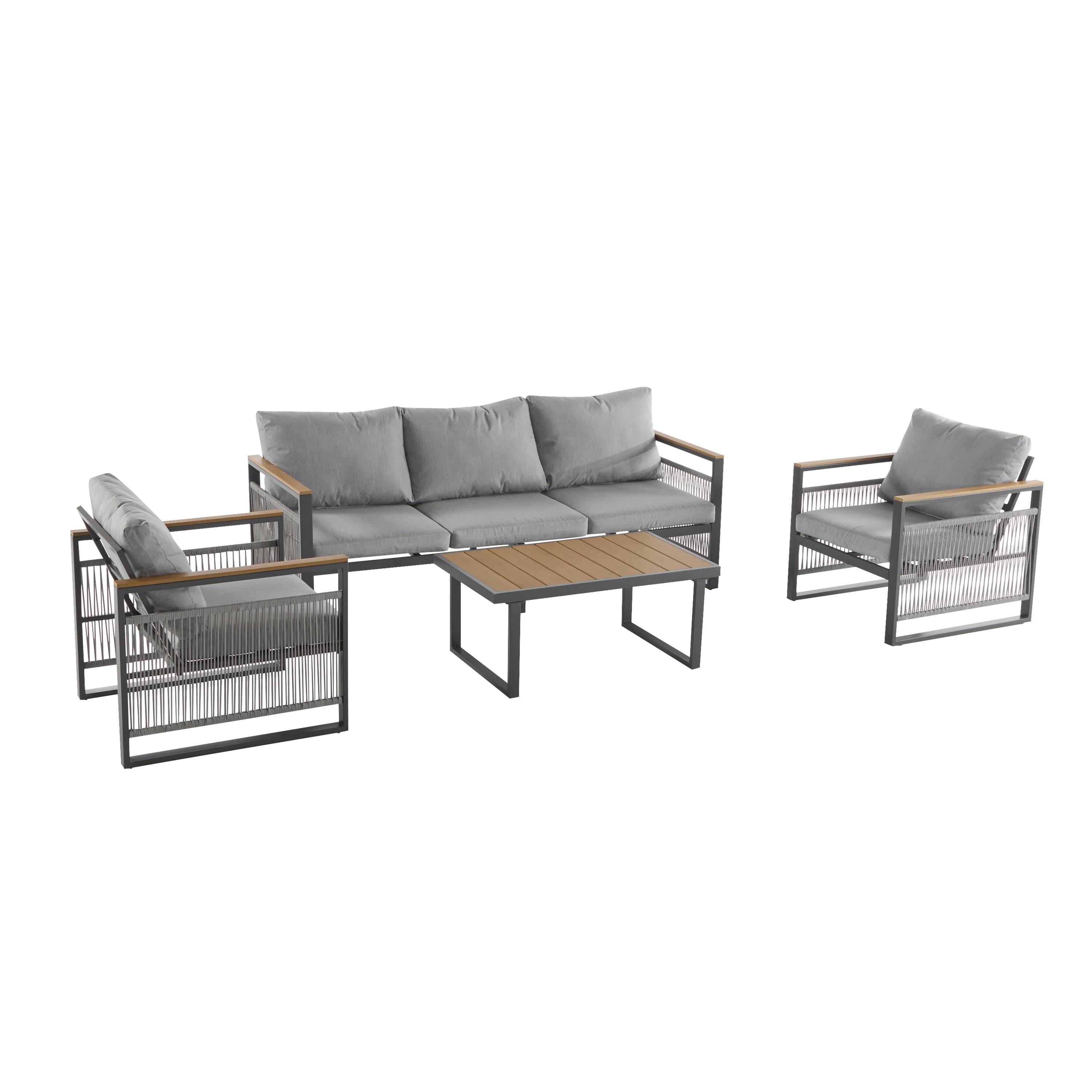 4-Pieces Outdoor Metal Patio Furniture Set, 5-Seat Patio Furniture Sofa Set with Cushion, Modern Outdoor Furniture Deep Seating for Porch, Garden, Backyard, Balcony, Grey & Natural