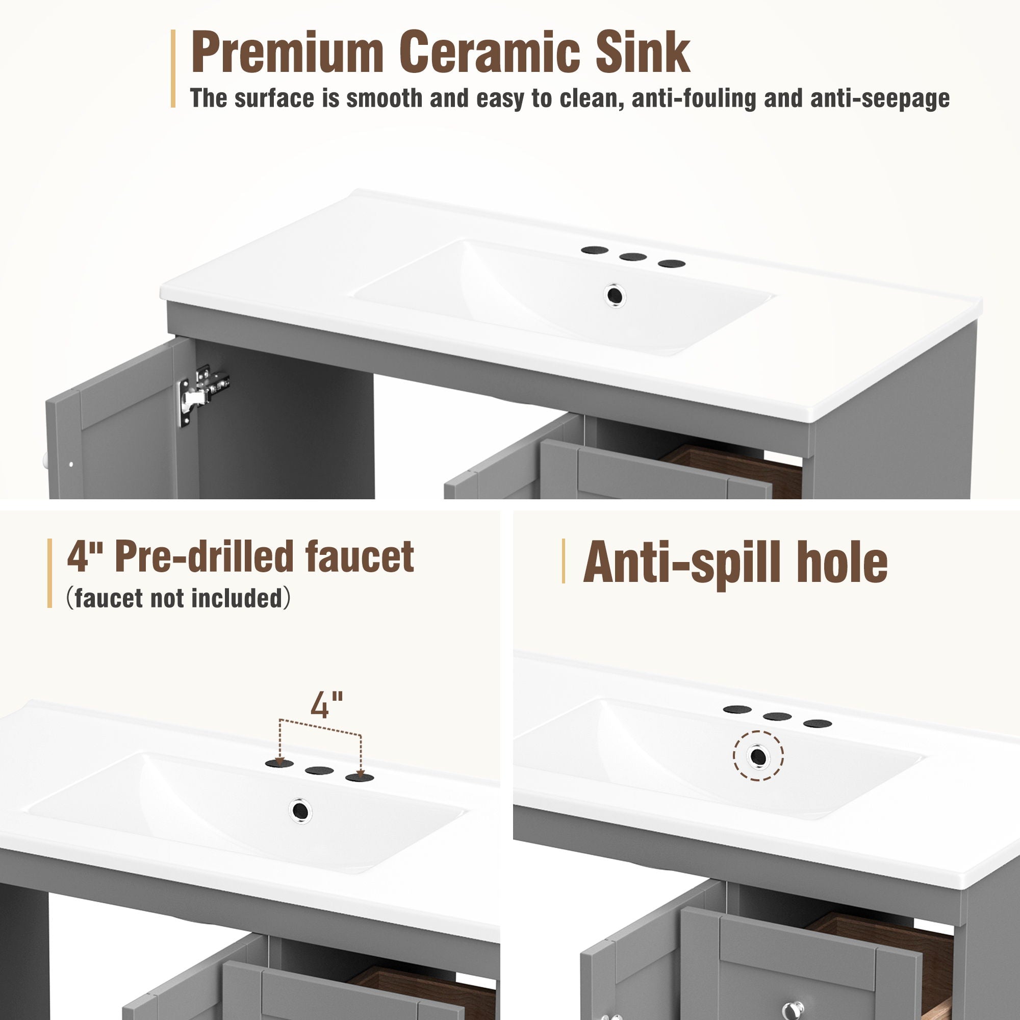 36" Shaker Free Standing Bathroom Vanity Cabinet With Sink, Soft Close Drawers, Soft Close Doors - Gray
