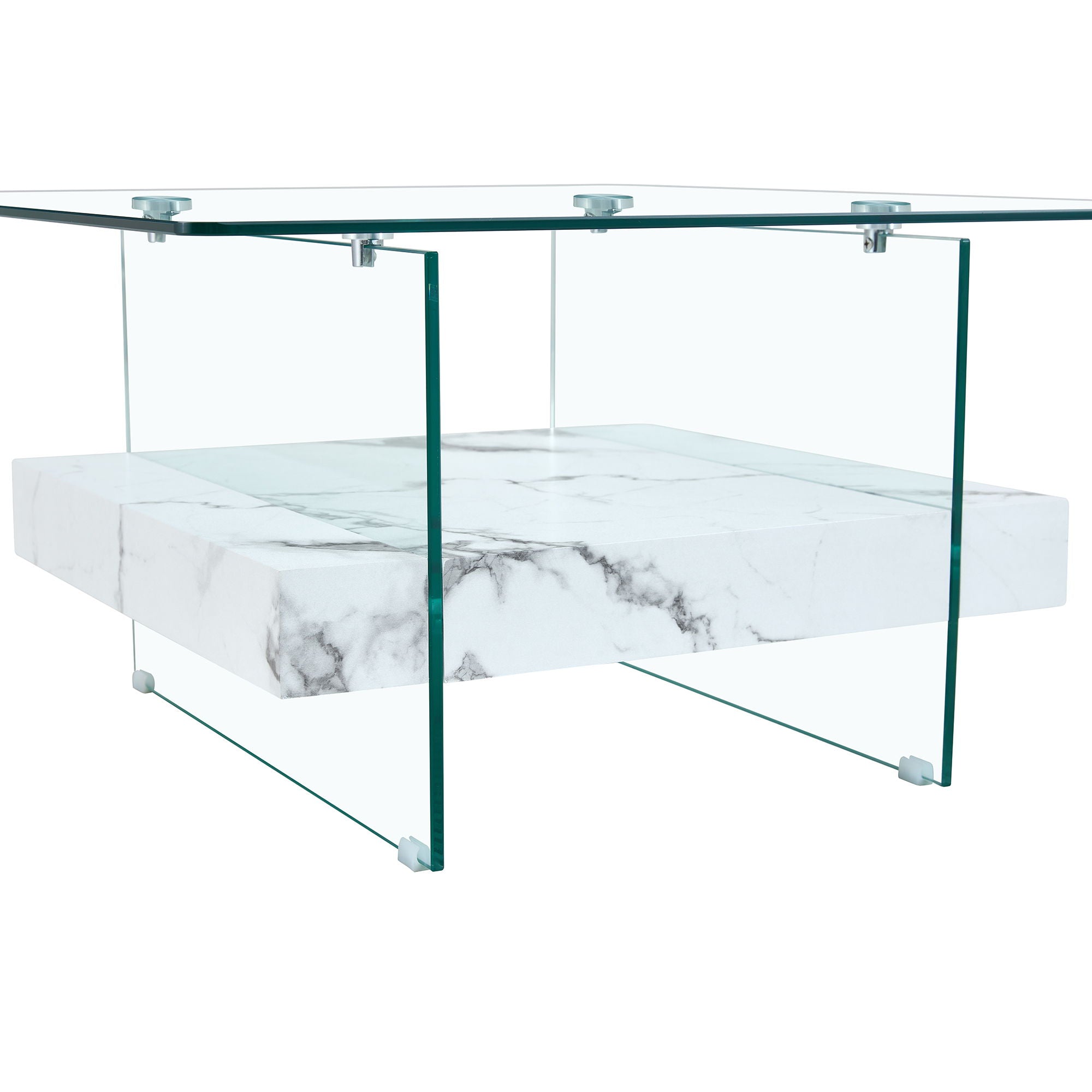 Modern 2 Tier Square Coffee Table, Elegant Marble Pattern