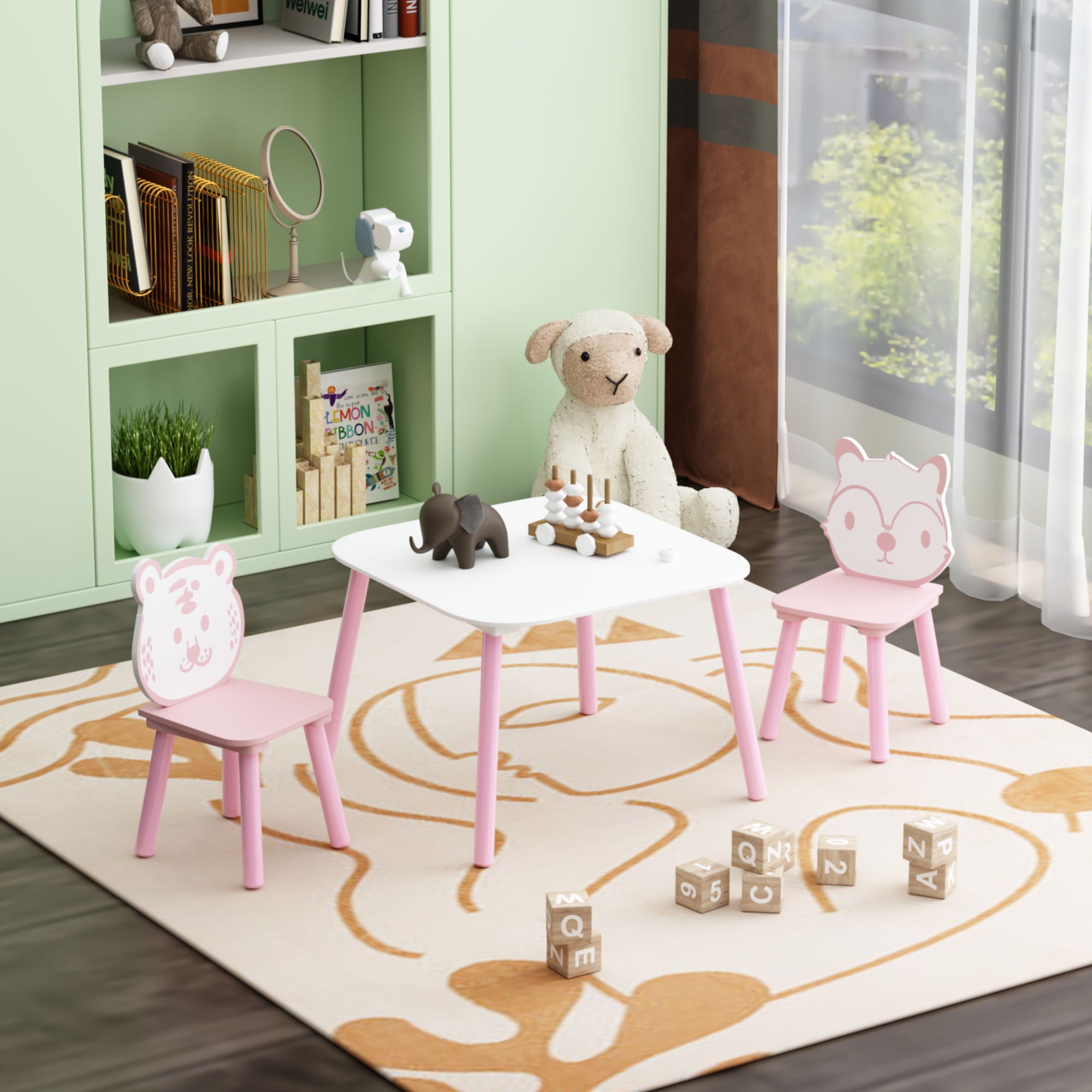 Table And Chair Set, 3 Piece Wooden Toddler Desk With Animal Backrest - Pink / White