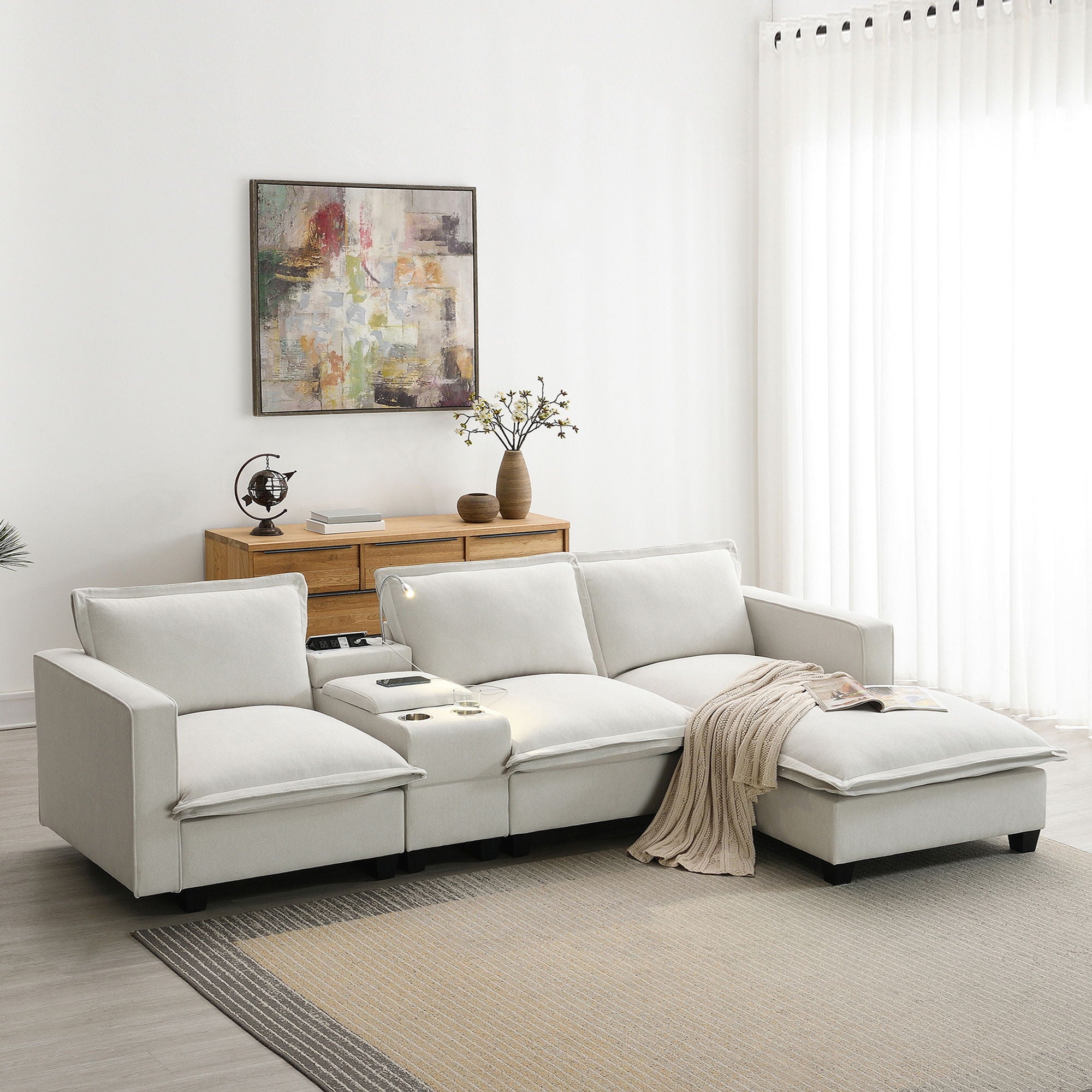 Modern Sectional Cloud Sofa With Console USB Charger Reading Light Cup Holder, Wide Seat 4 Seat Modular Couch Storable Indoor Funiture