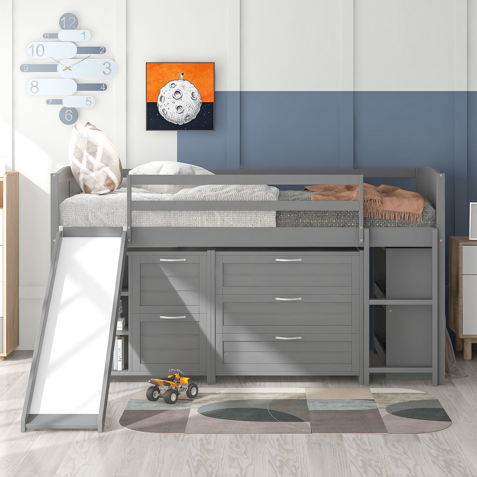 Loft Low Bed With Cabinets, Shelves And Slide