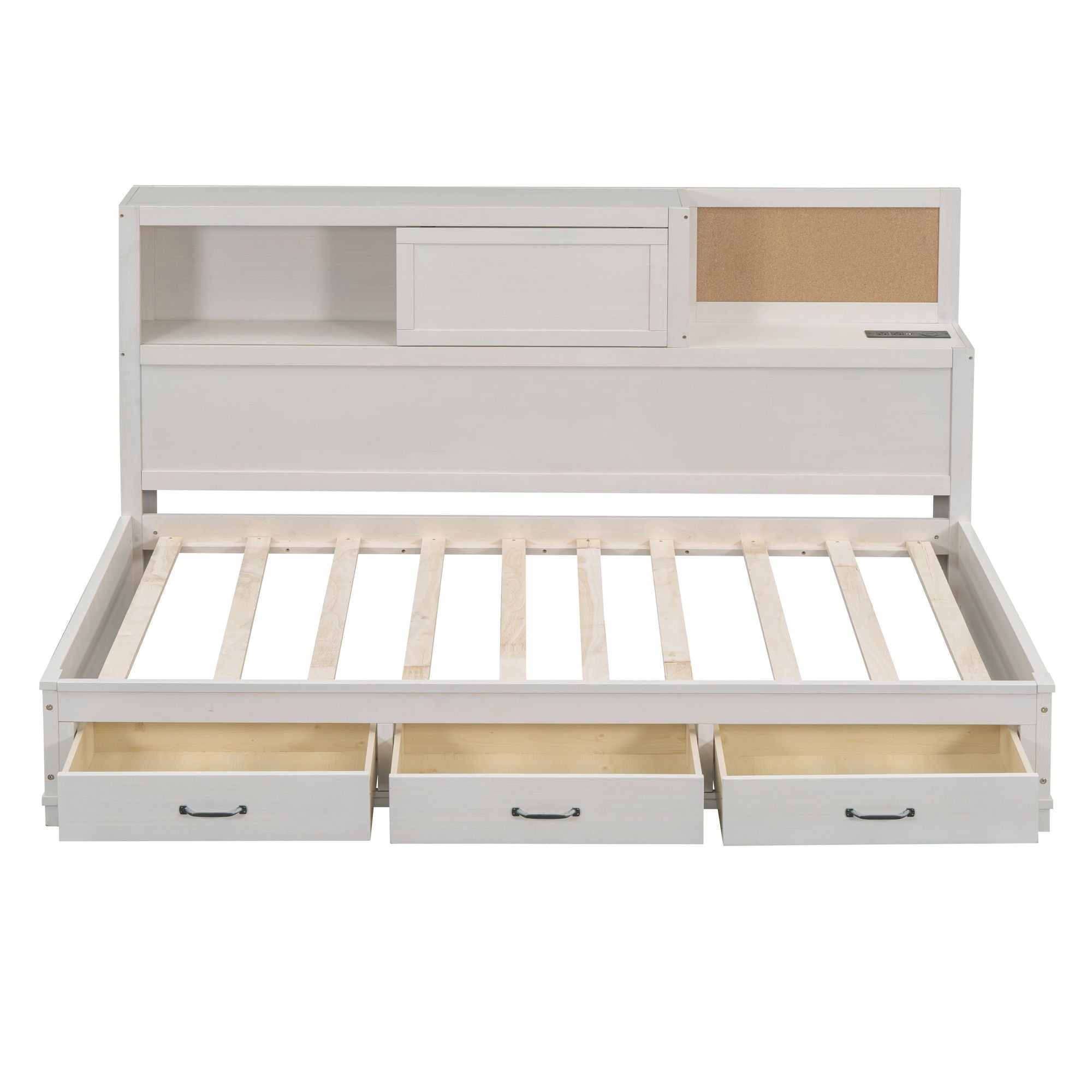 Twin Size Daybed With 3 Storage Drawers, Upper Soft Board, Shelf, And A Set Of Sockets And USB Ports - White