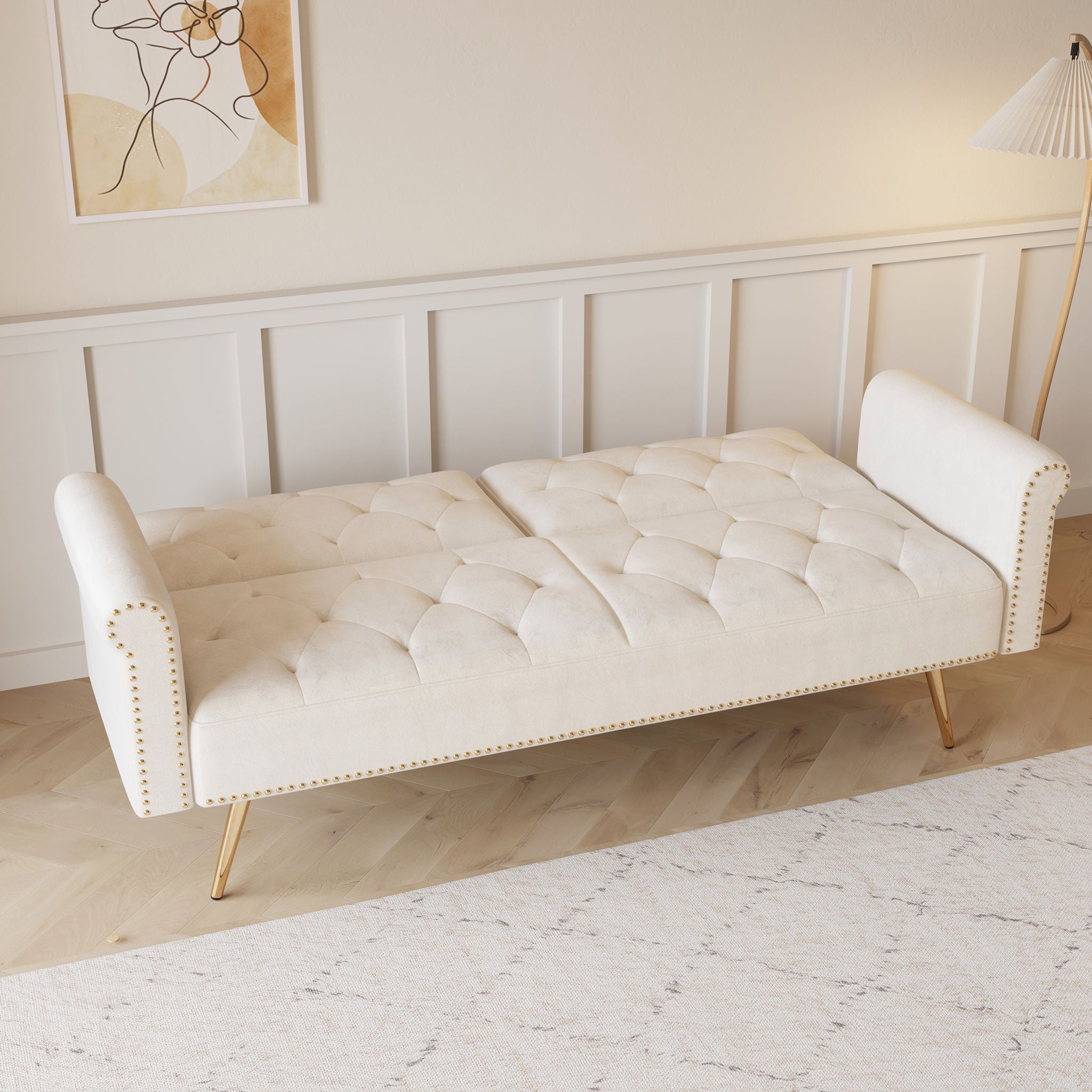 Luxurious Velvet Sofa Bed With Nail Head Trim And Matching Pillow