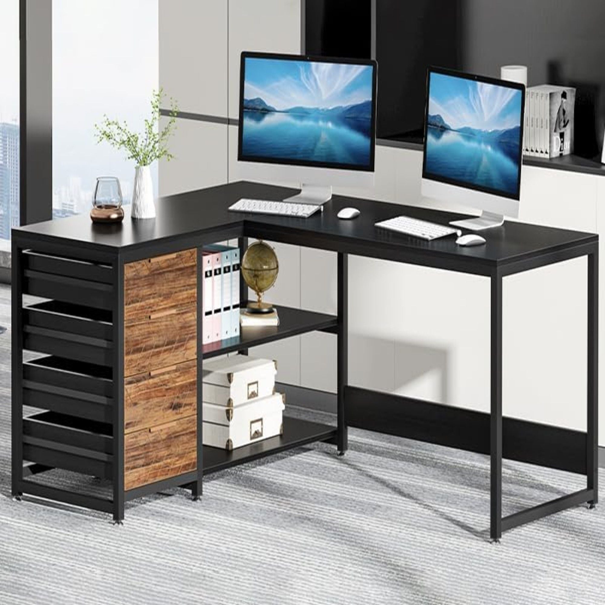 L-Shaped Computer Desk With Drawers And Shelves, Workstation For Home Office