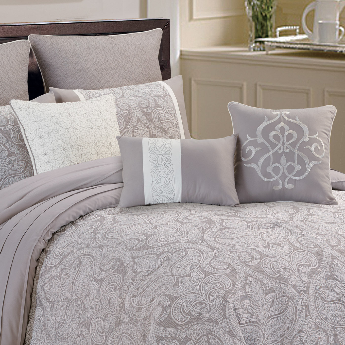 Winthrop Grey Damask Jacquard 9 Pc Comforter Set