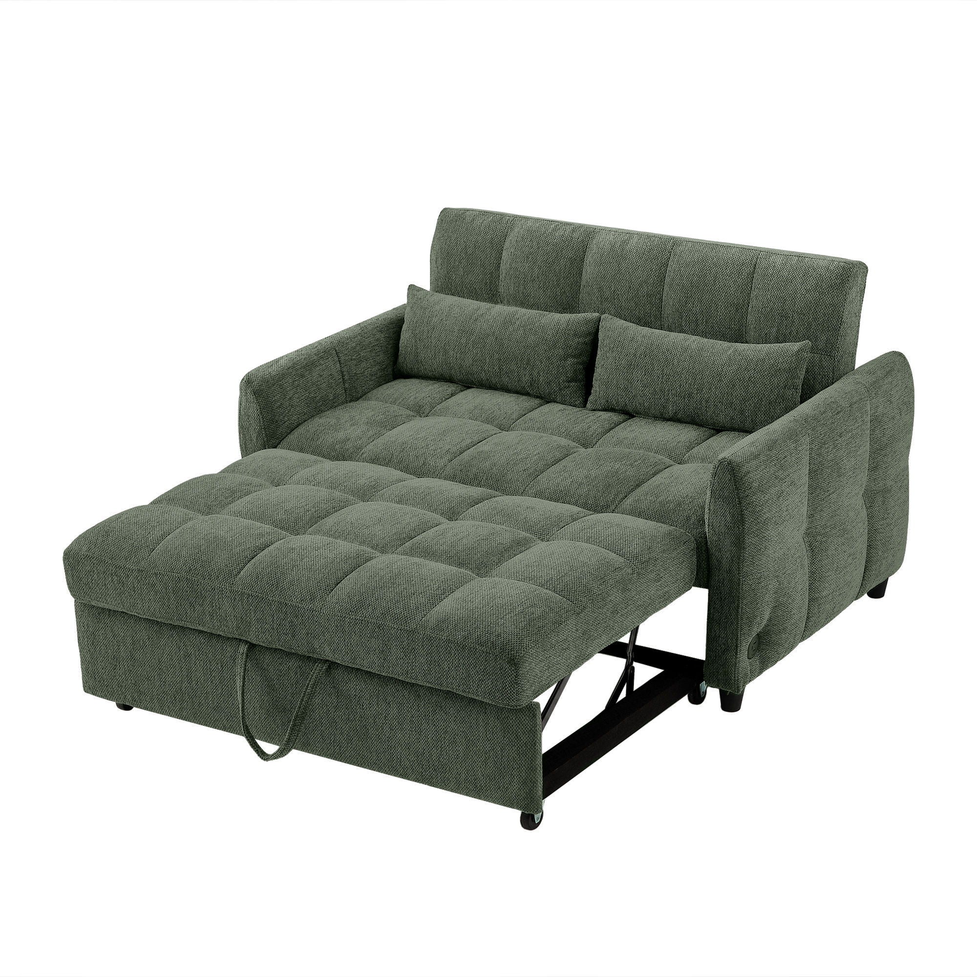 Loveseat Sofa Pull-Out Bed With Adjustable Backrest, 3 USB Ports And 2 Lumbar Pillows For Living Room