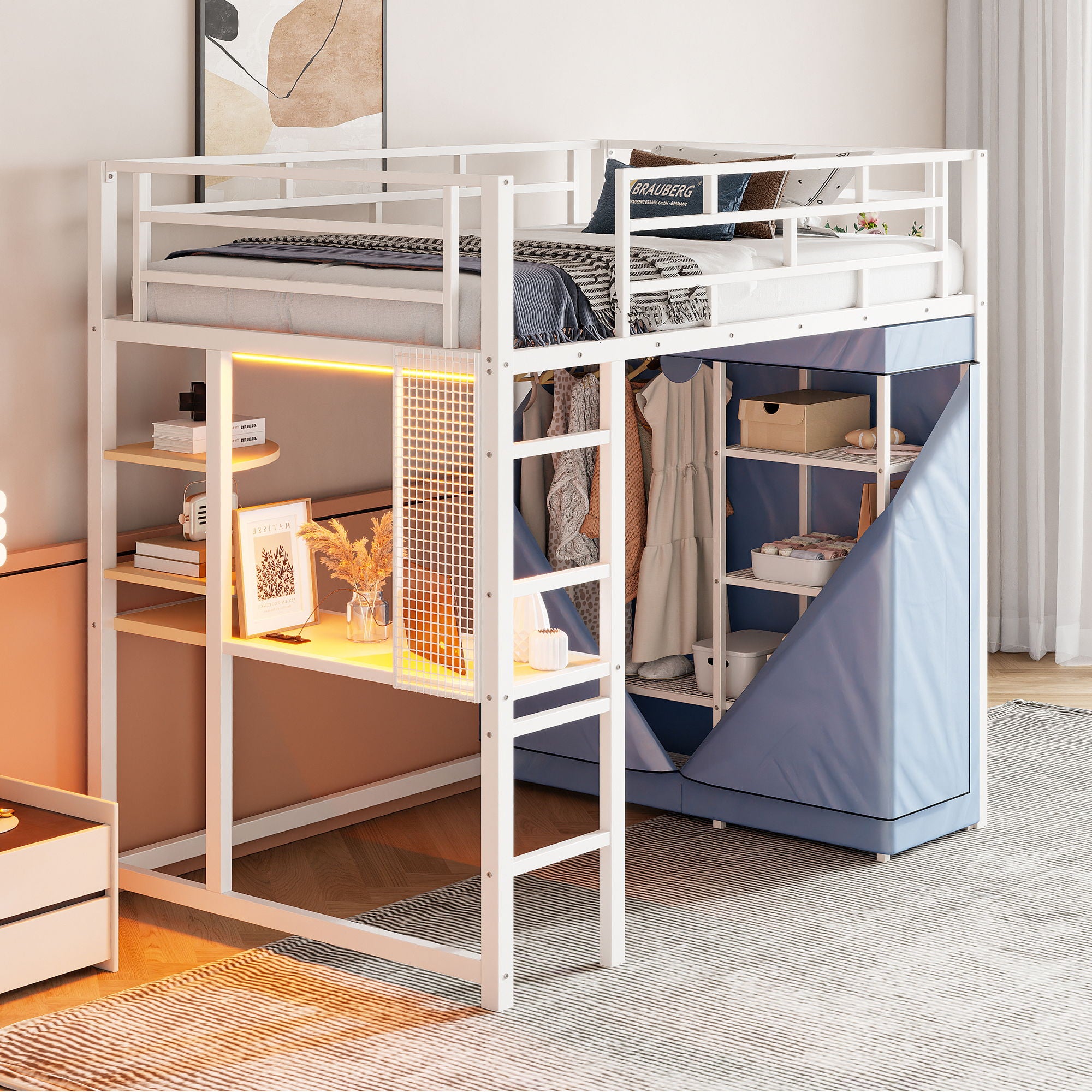Loft Bed With Desk, Shelves, Power Outlet, LED Light And Wardrobe