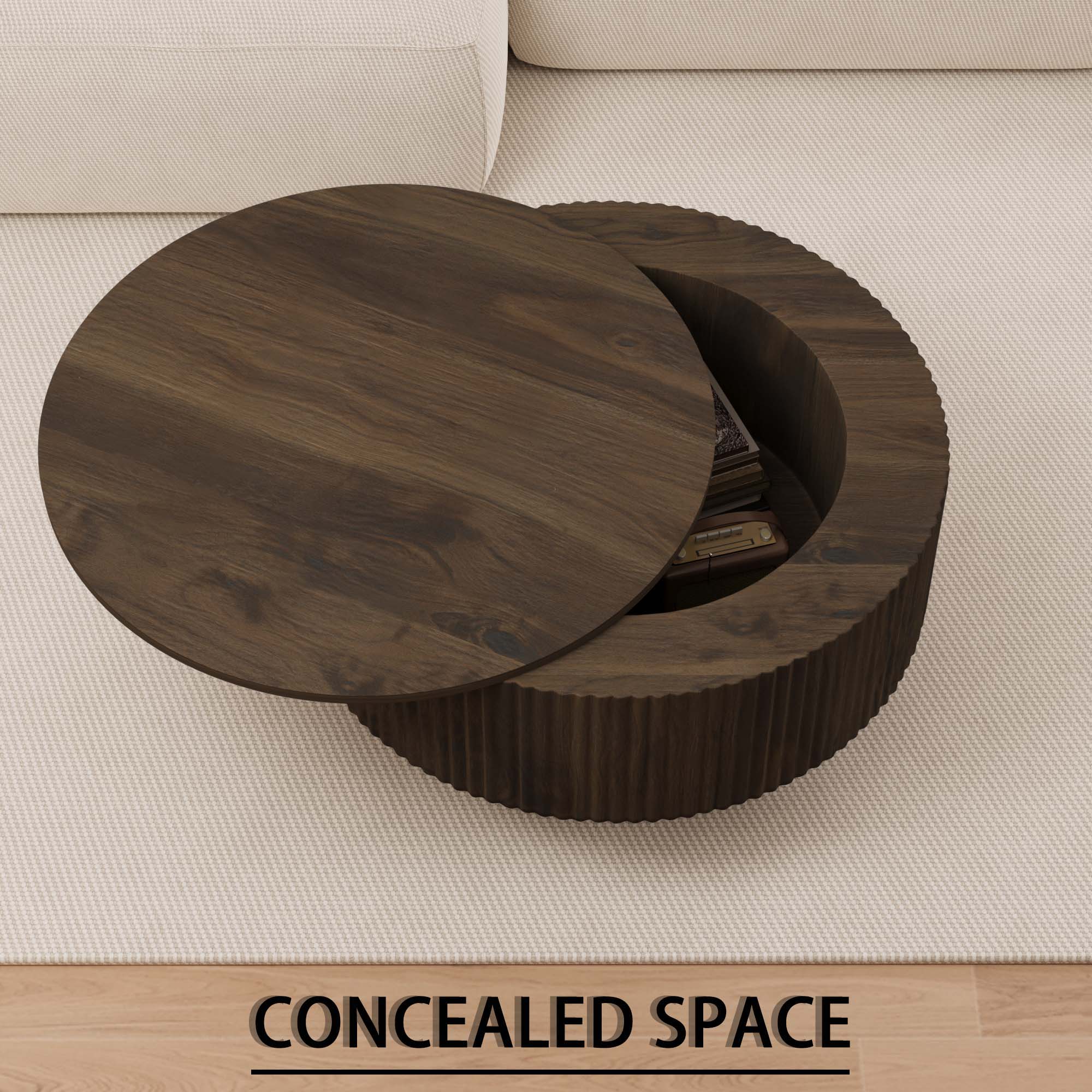 Modern Circular Coffee Table With Stripe Design And Storage Space