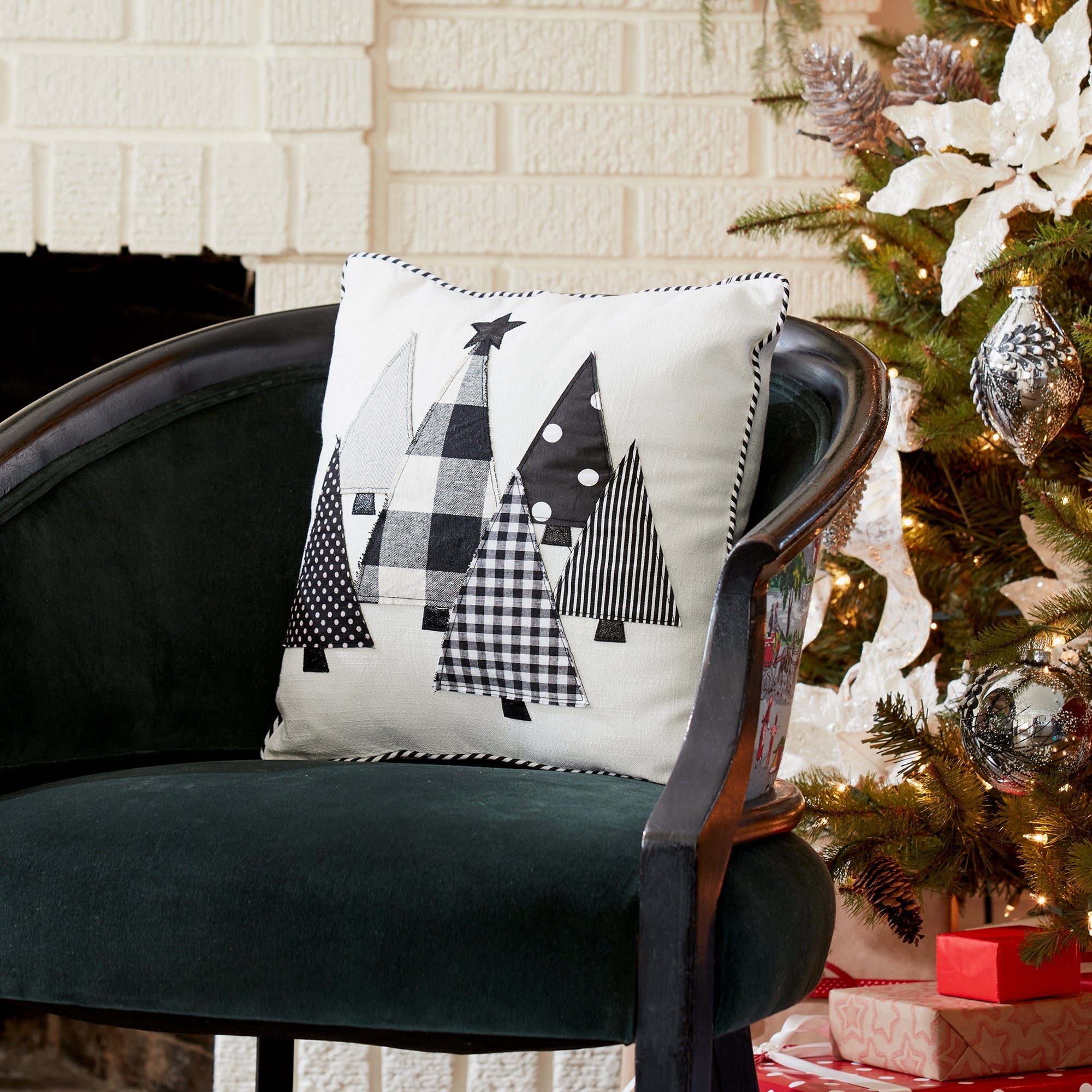 Black and White Holiday Tree Throw Pillow 15"SQ