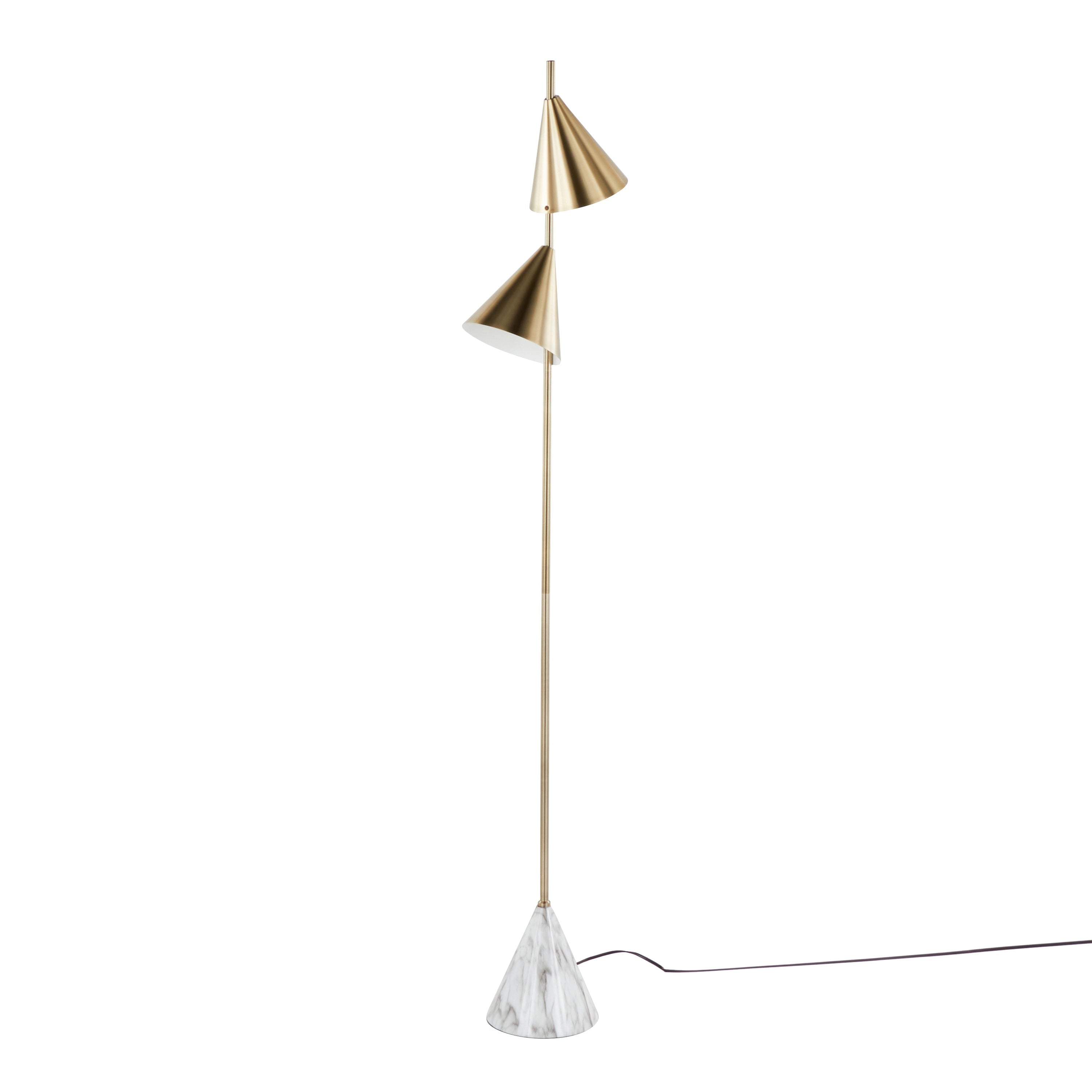 Cone 65' Glam Metal Floor Lamp in Brushed Gold Metal with White Faux Marble Base