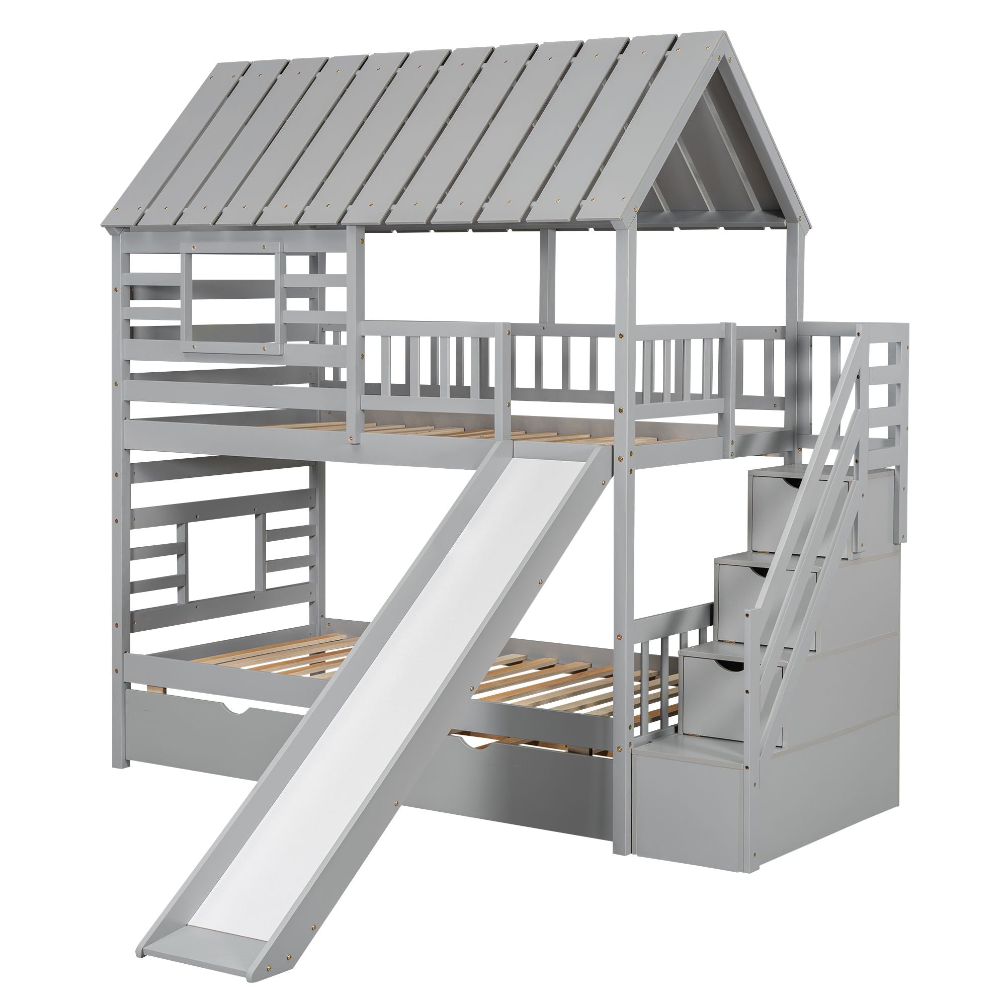 House Bunk Bed With Trundle, Storage Staircase, Roof And Window Design