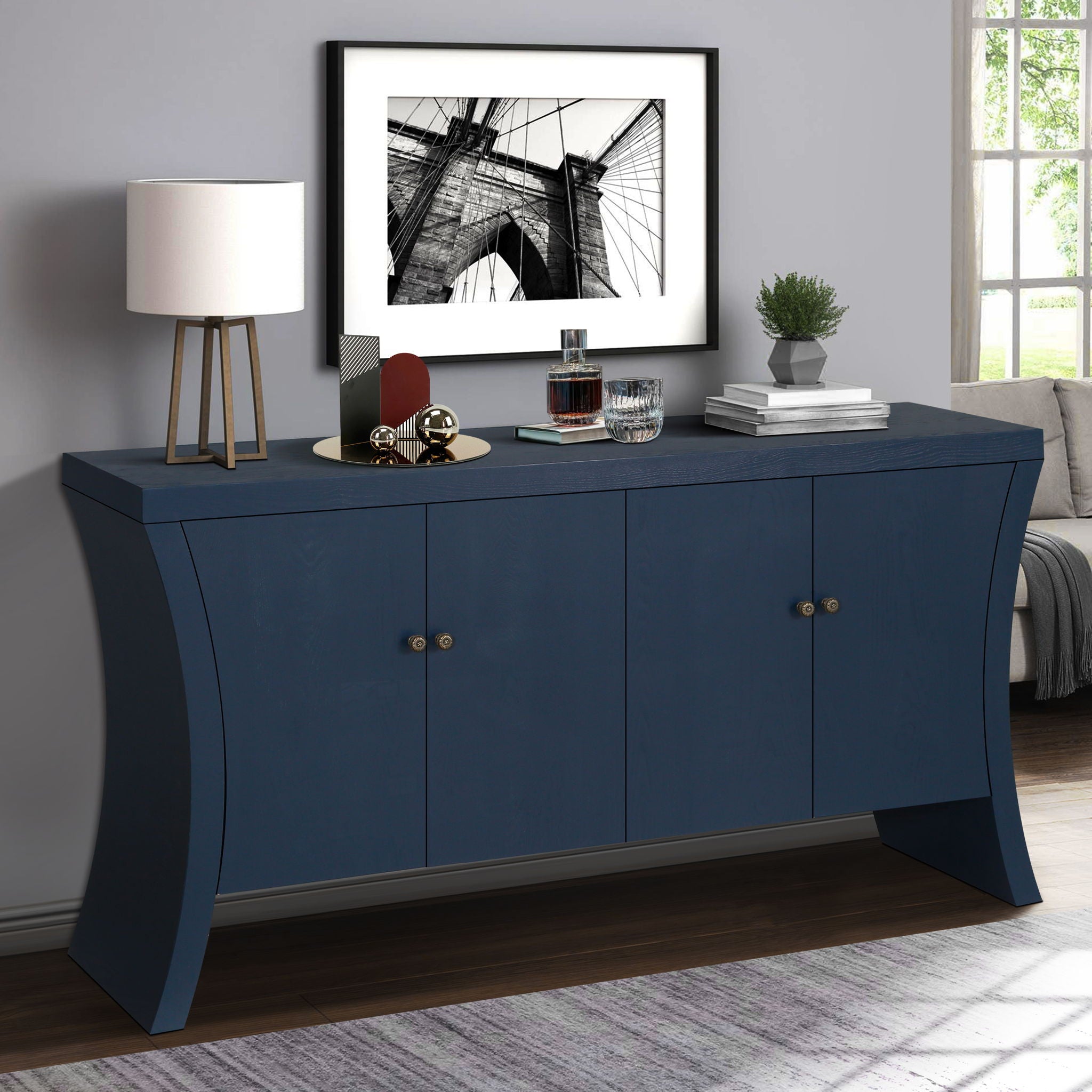Refined Industrial 4 Door Credenza With Arc Legs & Bronze Clasps