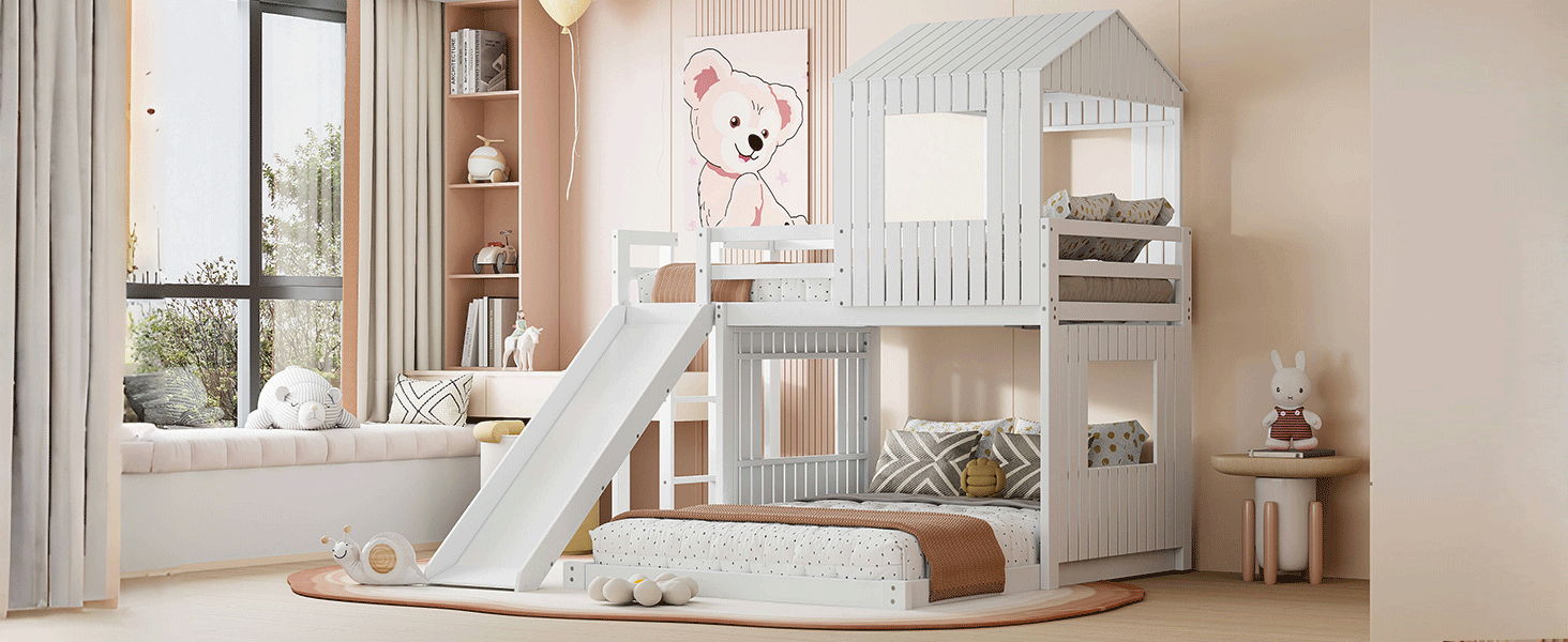 Loft Bunk Bed With Playhouse, Farmhouse, Ladder, Slide And Guardrails