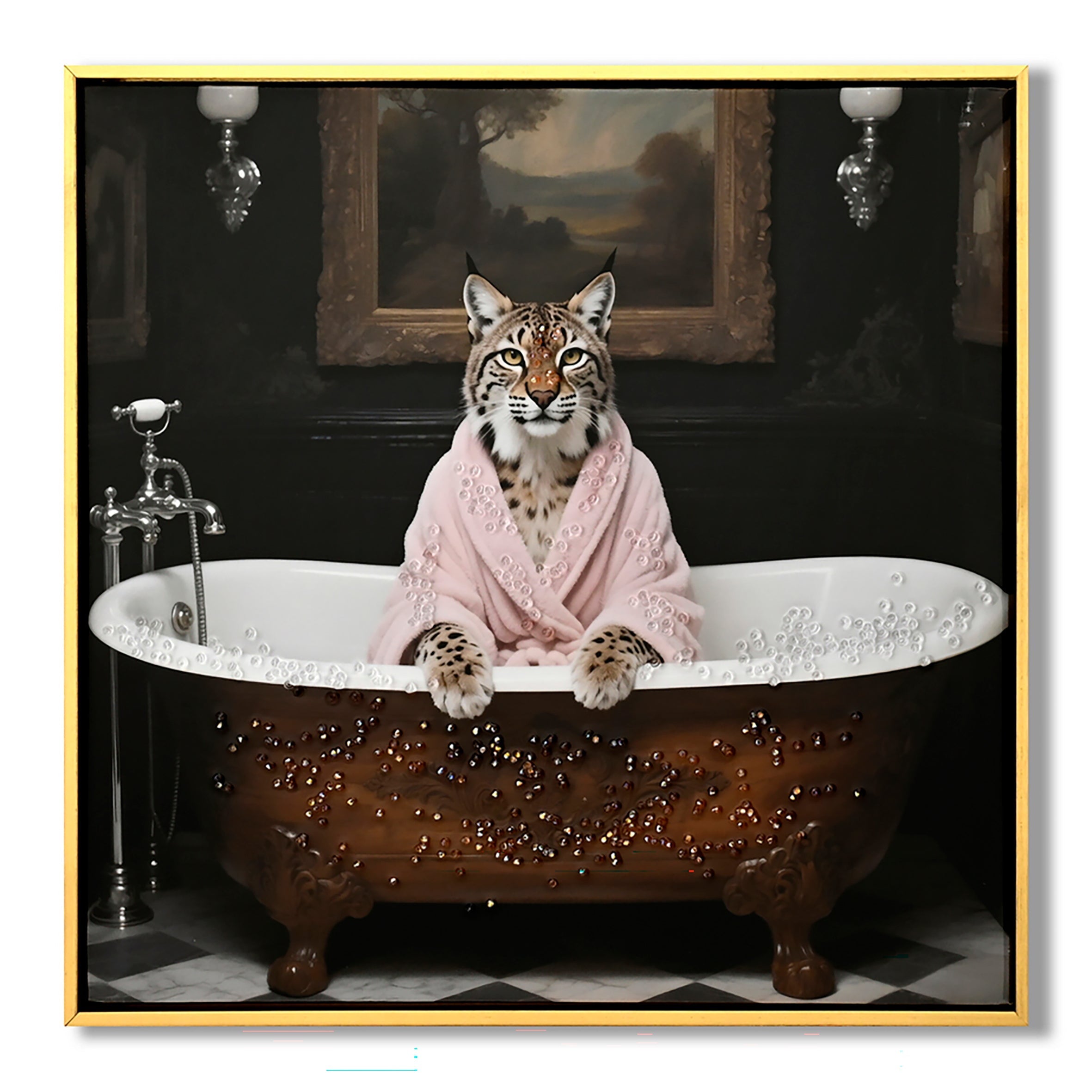 Tiger in Bathtub Wall Art Print Poster, Bathroom Decor Posters Prints for Restroom Home Picture Painting Artwork Gallery 1 (Tiger, 16 x 16 inches, Wood Frame)