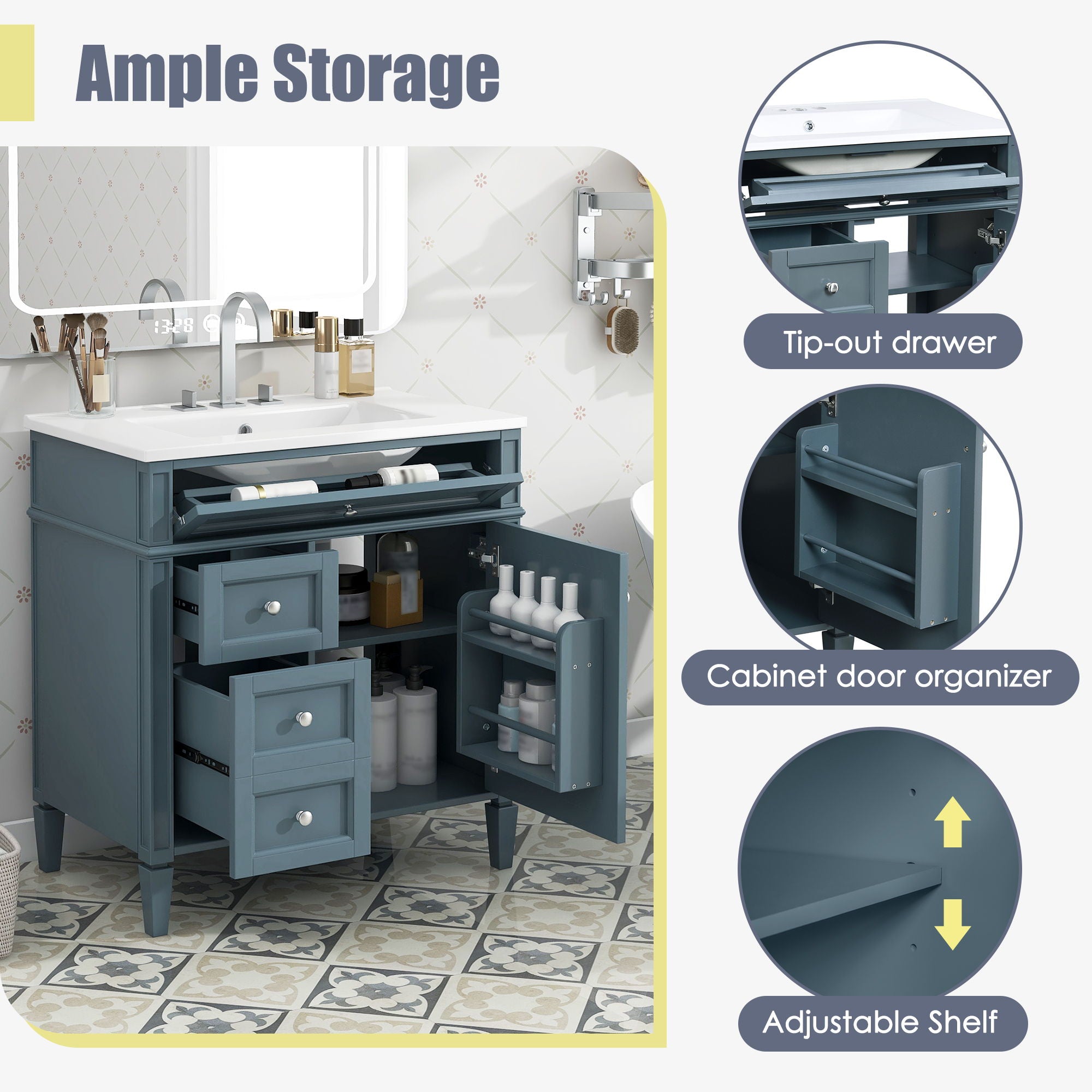 Bathroom Vanity With Top Sink, Storage Cabinet With 2 Drawers And Tip Out Drawer, Rectangular Design - Blue