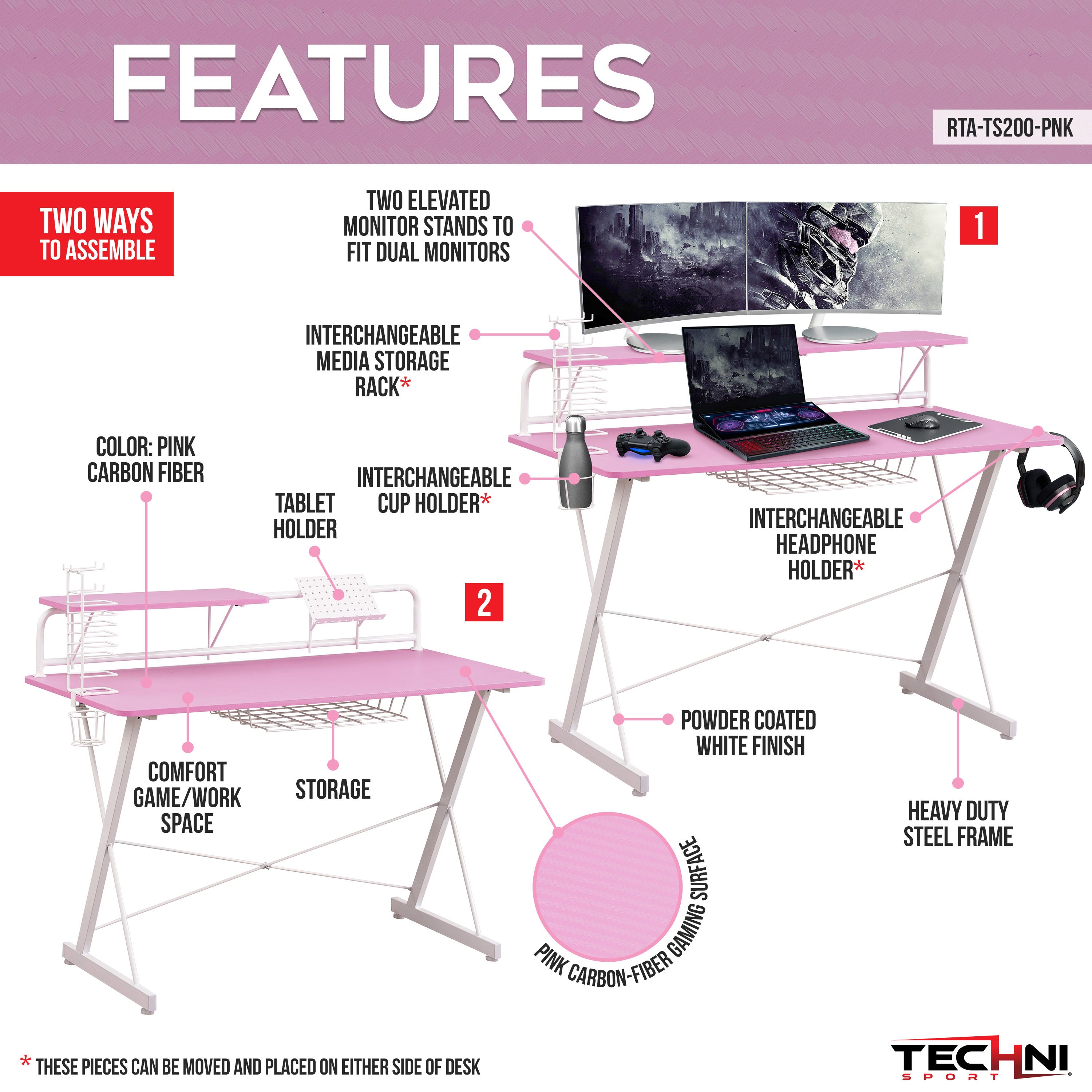 Techni Sport TS-200 Carbon Computer Gaming Desk with Shelving, Pink - Best Buy Furniture