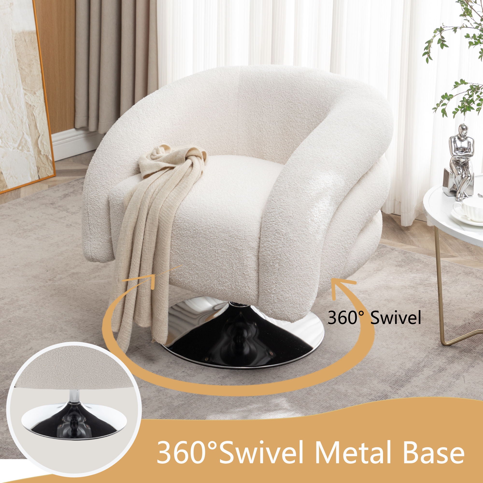 Modern Style Single Swivel Sofa Chair, Teddy Upholstered Single Sofa With Round And Fluffy Reading Chair, Suitable For Living Room
