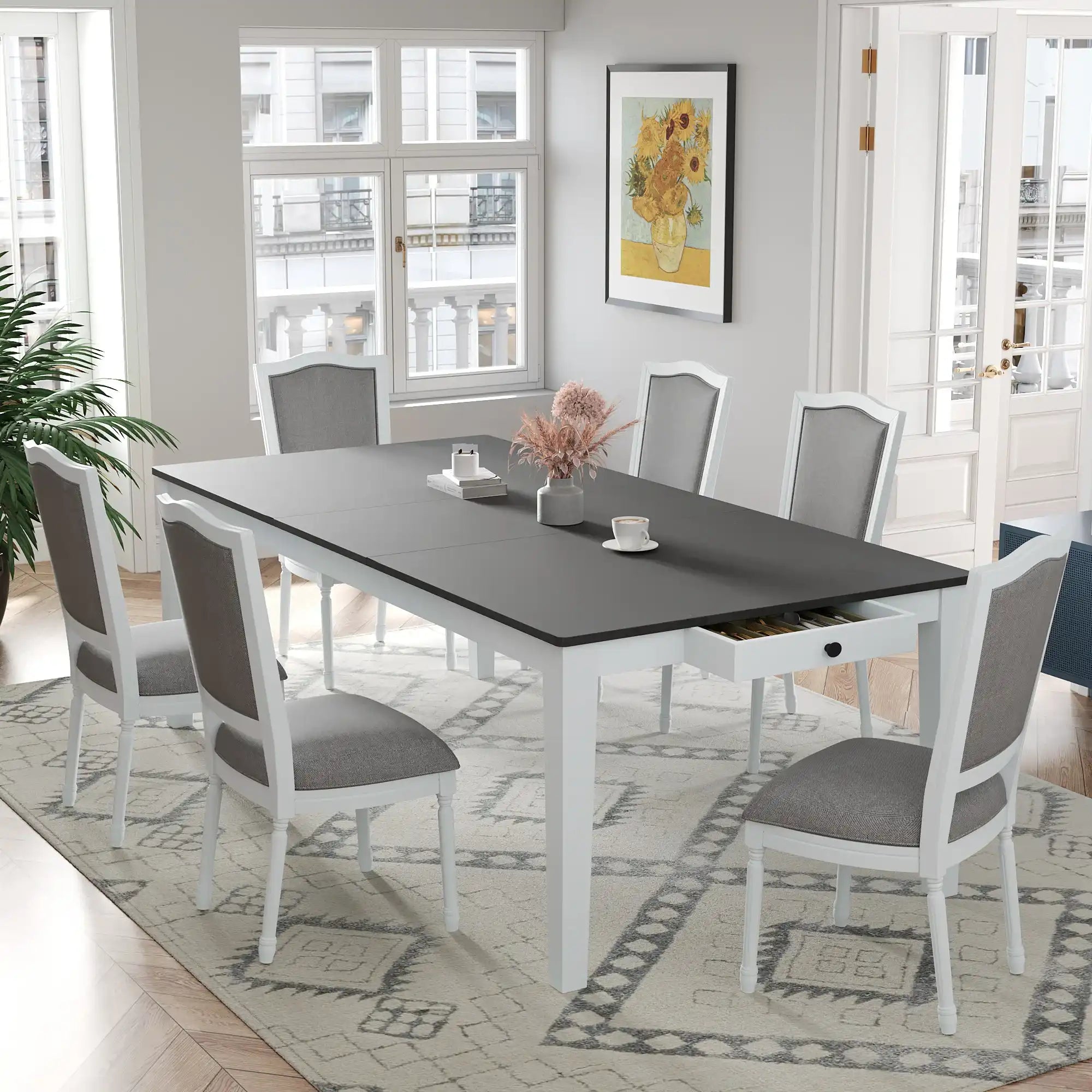 Rustic 7-Piece Extendable Dining Table Set, Dark Gray and White