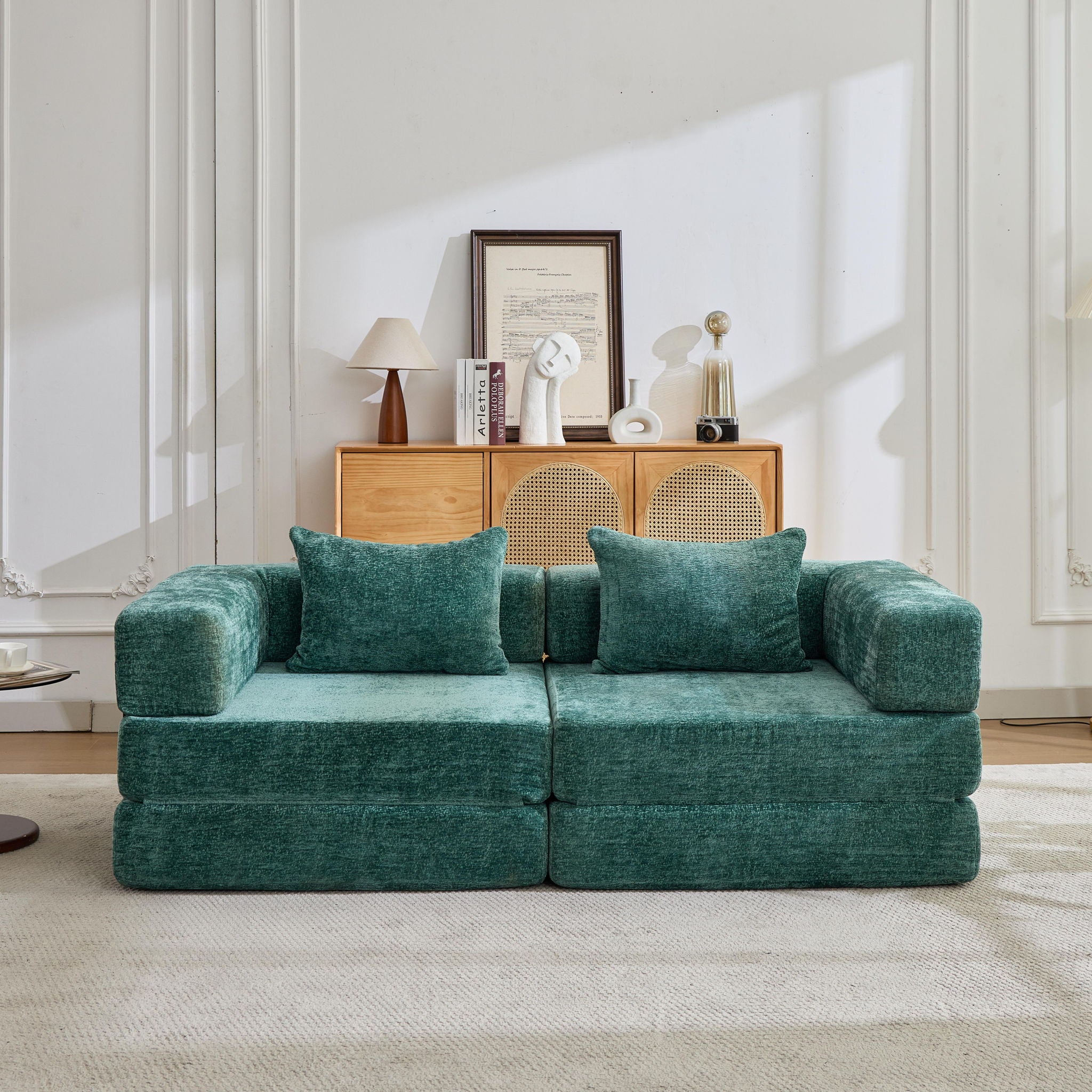 Convertible Floor Sofa Bed With Fixed Shape Frame, Loveseats Boneless Modular Sectional, For Living Room - Dark Green