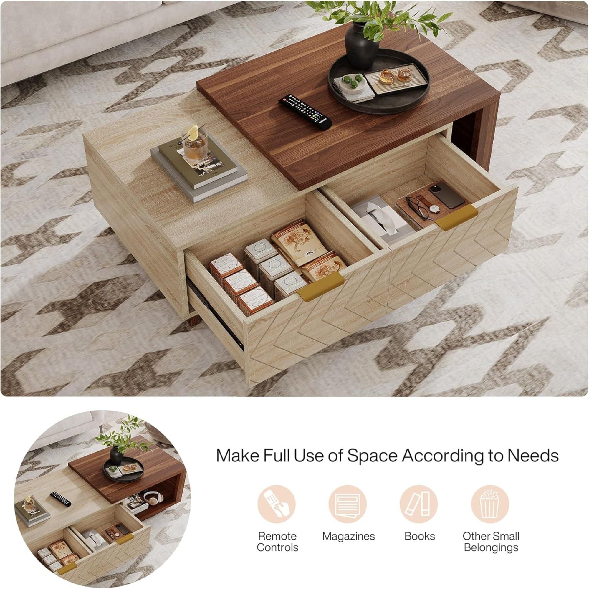 Extendable Coffee Table With 2 Storage Drawers, Dual Tone With Sliding Top, Hidden Storage - Walnut
