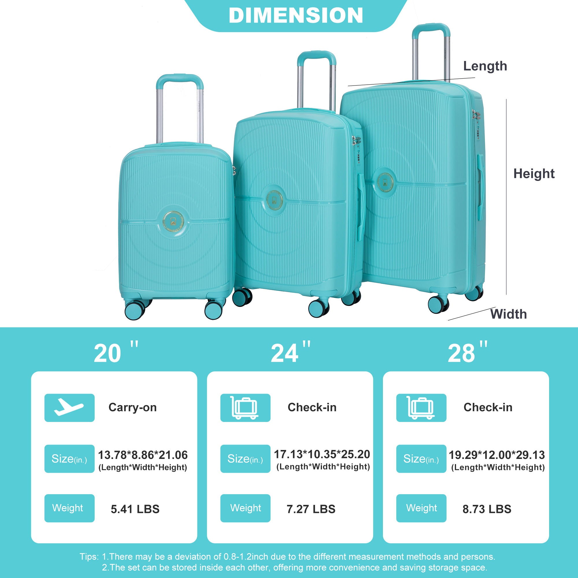 3 Piece Set Expandable Hardshell Suitcase Double Spinner Wheels