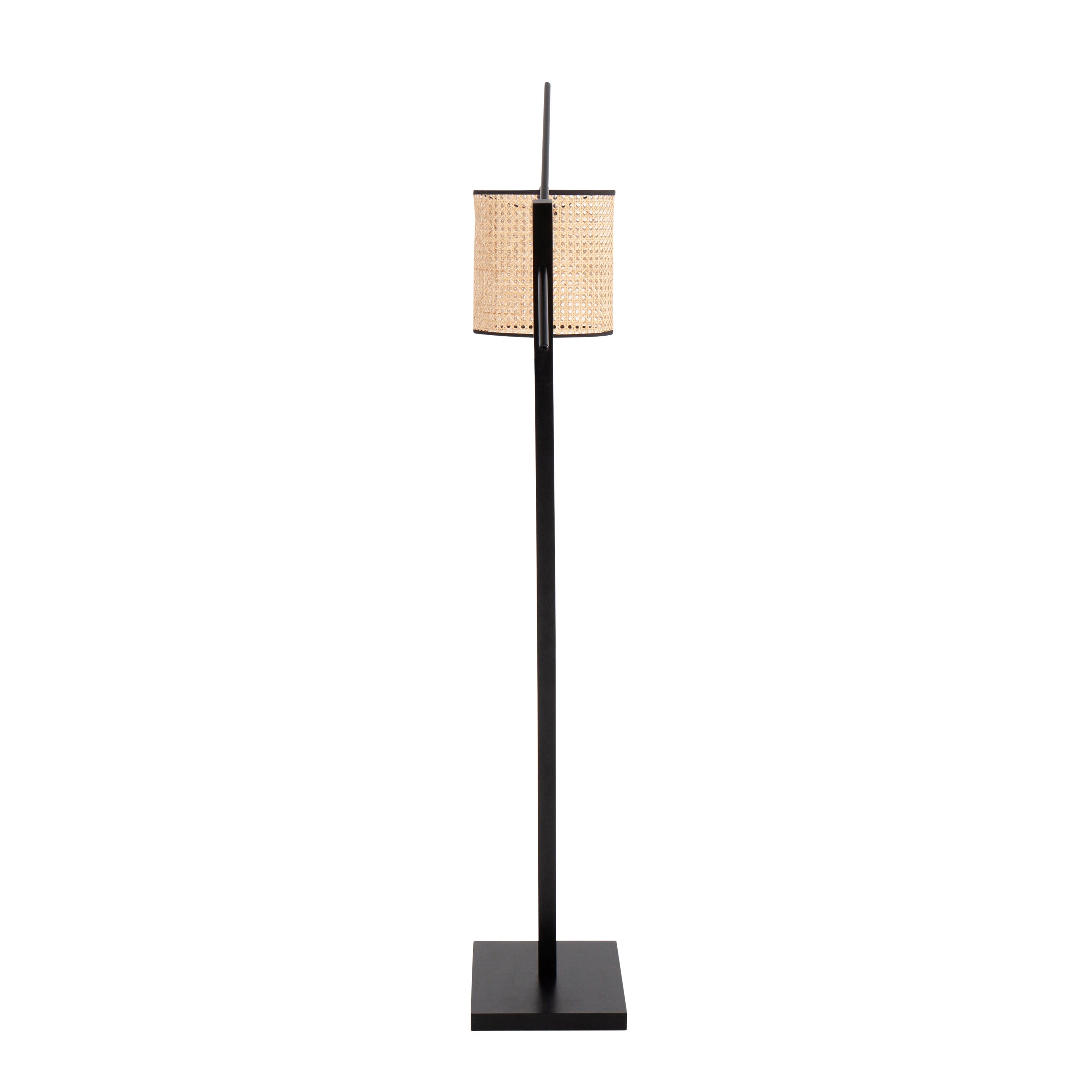 Arturo Contemporary Floor Lamp in Black Wood and Steel with Rattan Shade