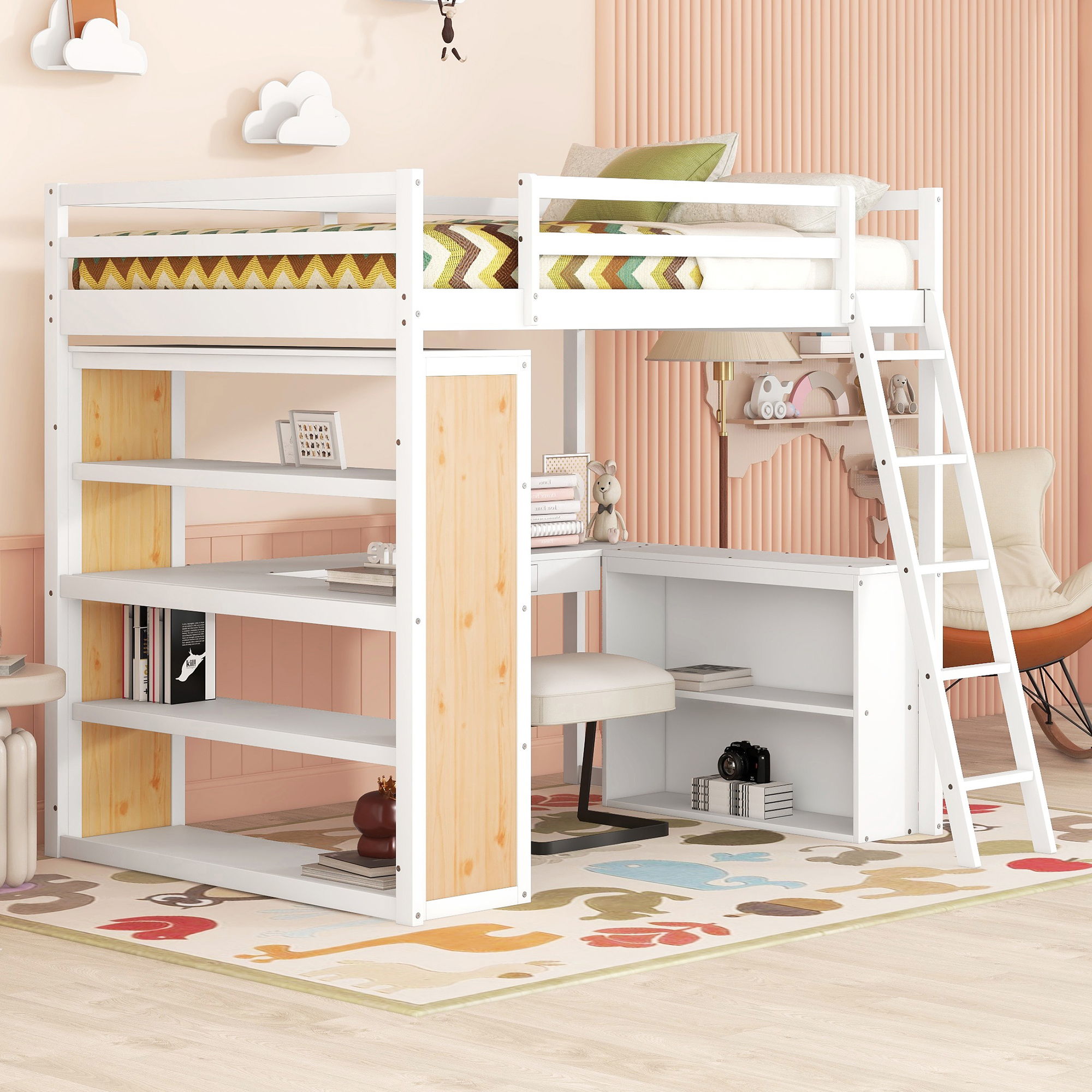 Loft Bed With Ladder, Shelves, And Desk