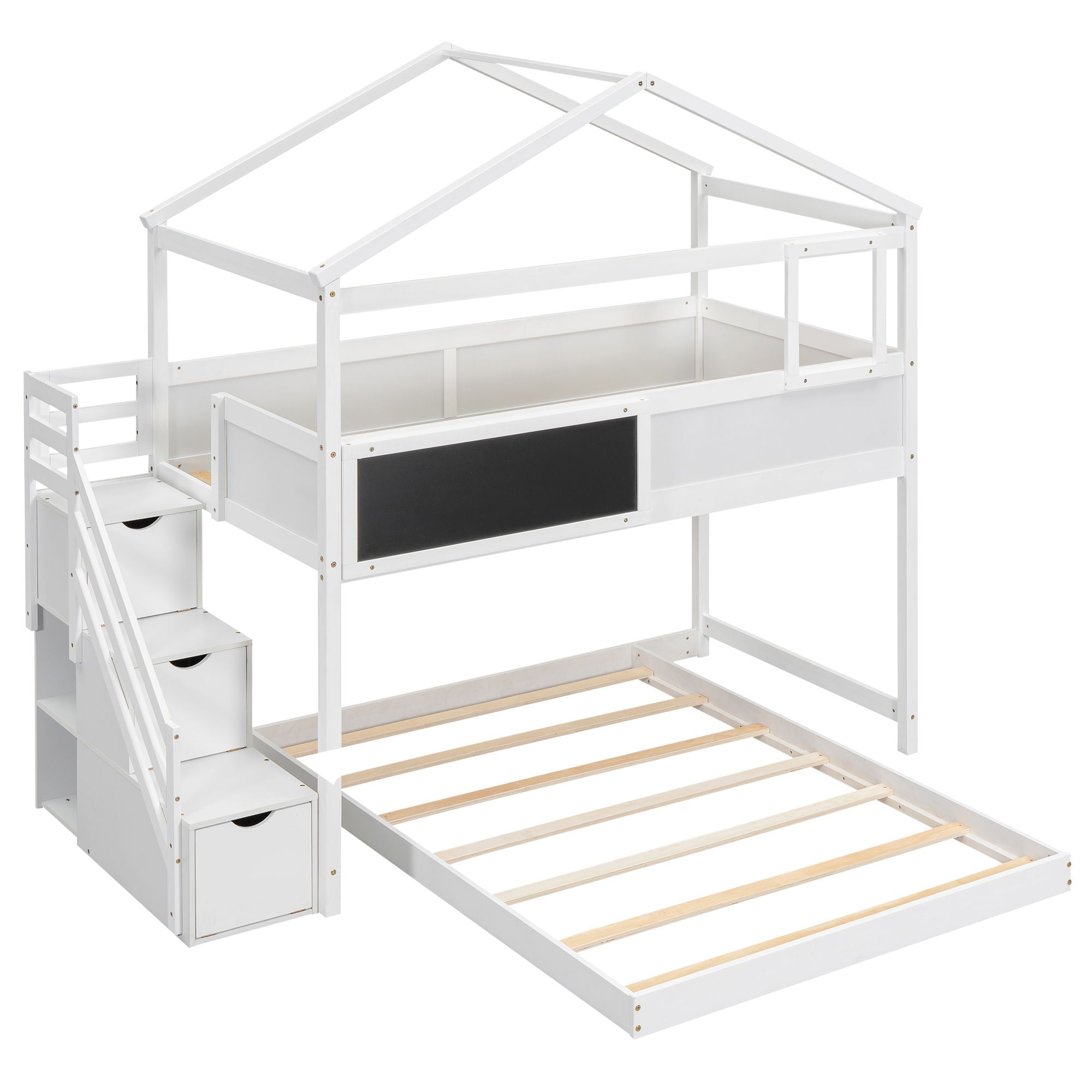House Style Bunk Bed With Storage Staircase And Blackboard