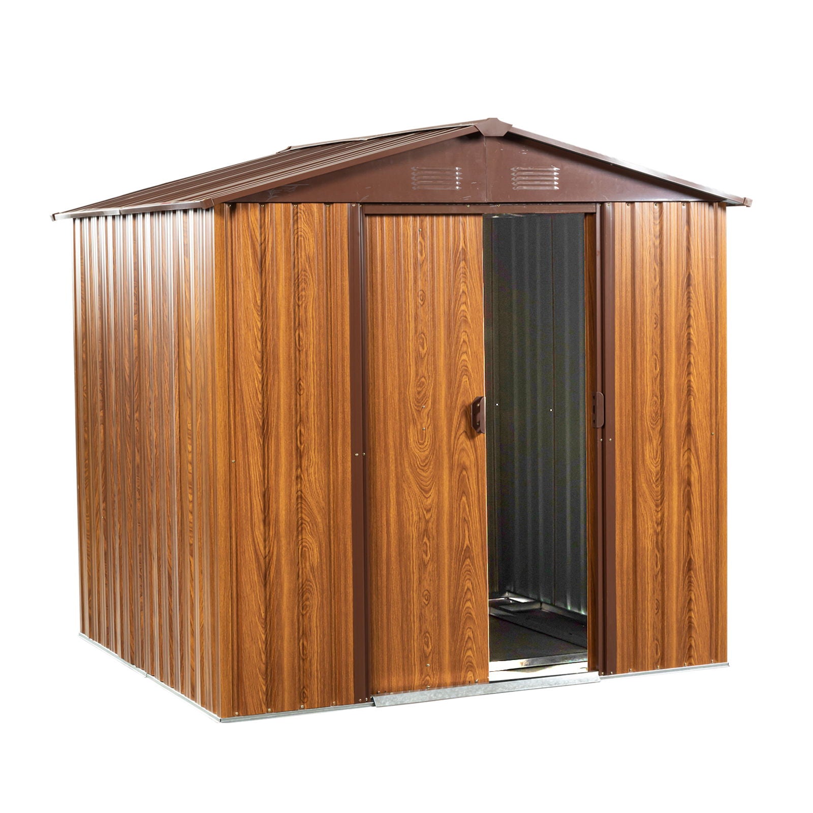 Metal Storage Shed Appealing Horizontal Siding In Woodgrain With Coffee Trim To Complement - Light Brown