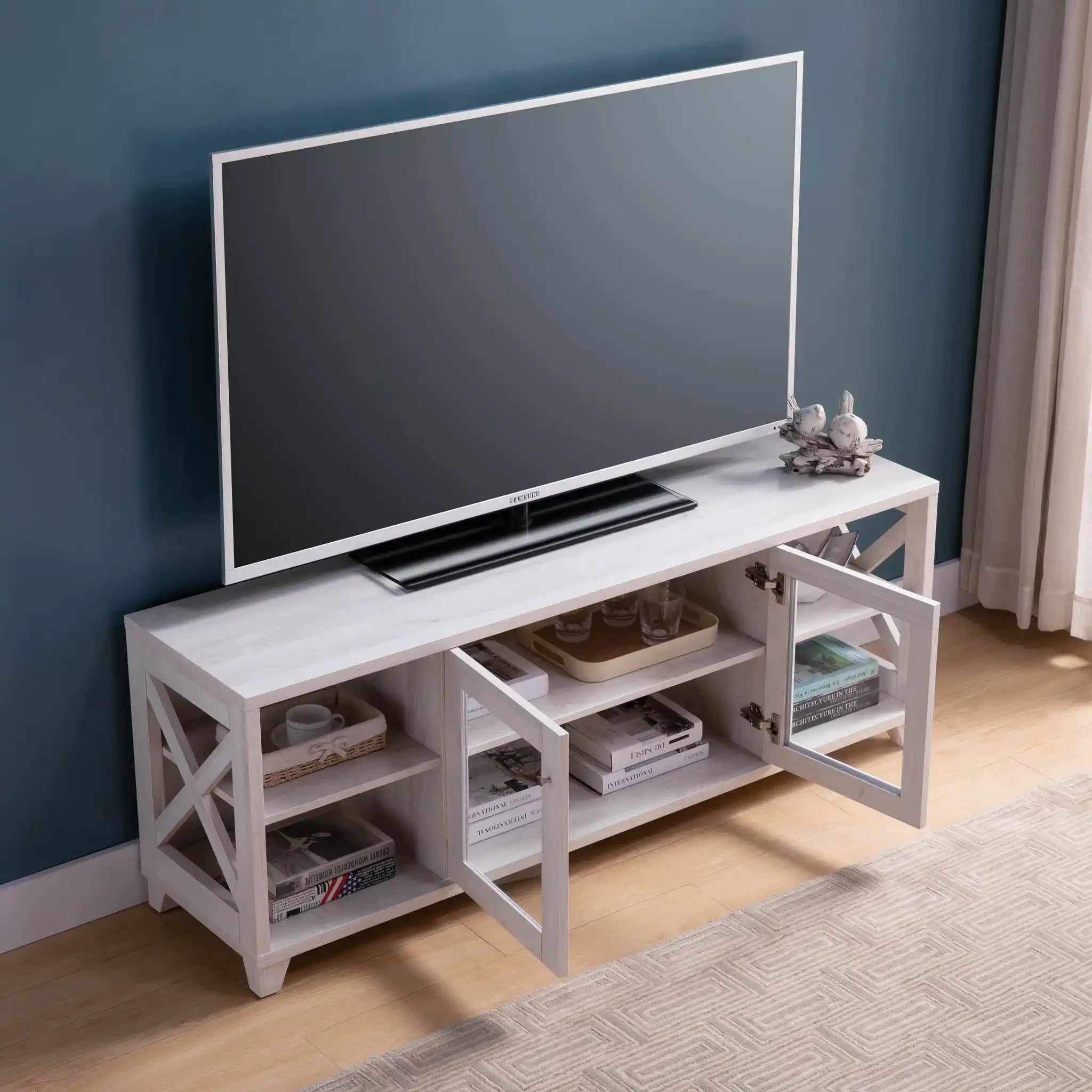 Farmhouse Home Entertainment Center, TV Stand With 4 Shelves And Transparent Center Cabinet - White Oak - Best Buy Furniture