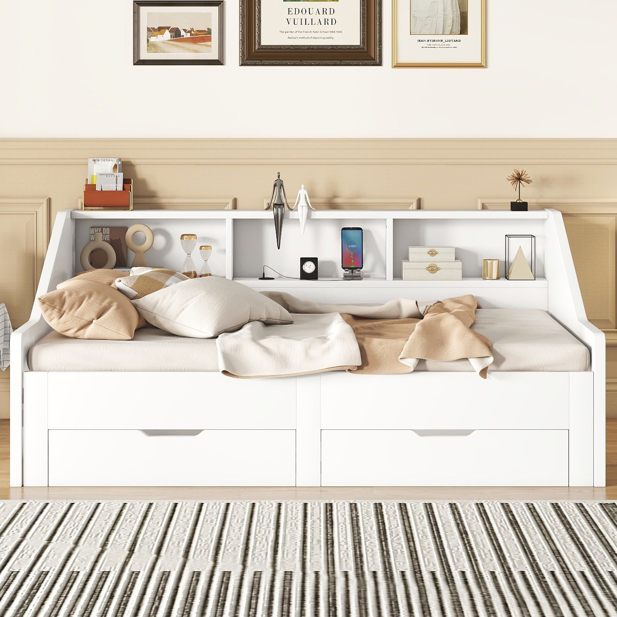 Daybed Frame With Storage Bookcases, 2 Drawers, Charging Station