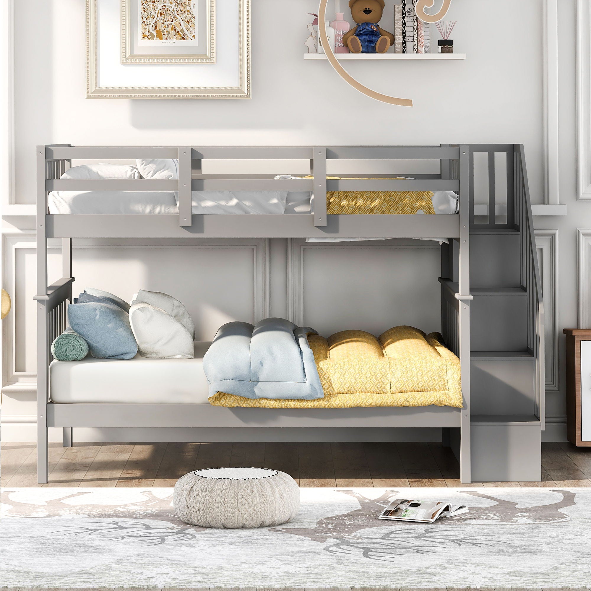 Stairway Bunk Bed With Storage And Guard Rail For Bedroom