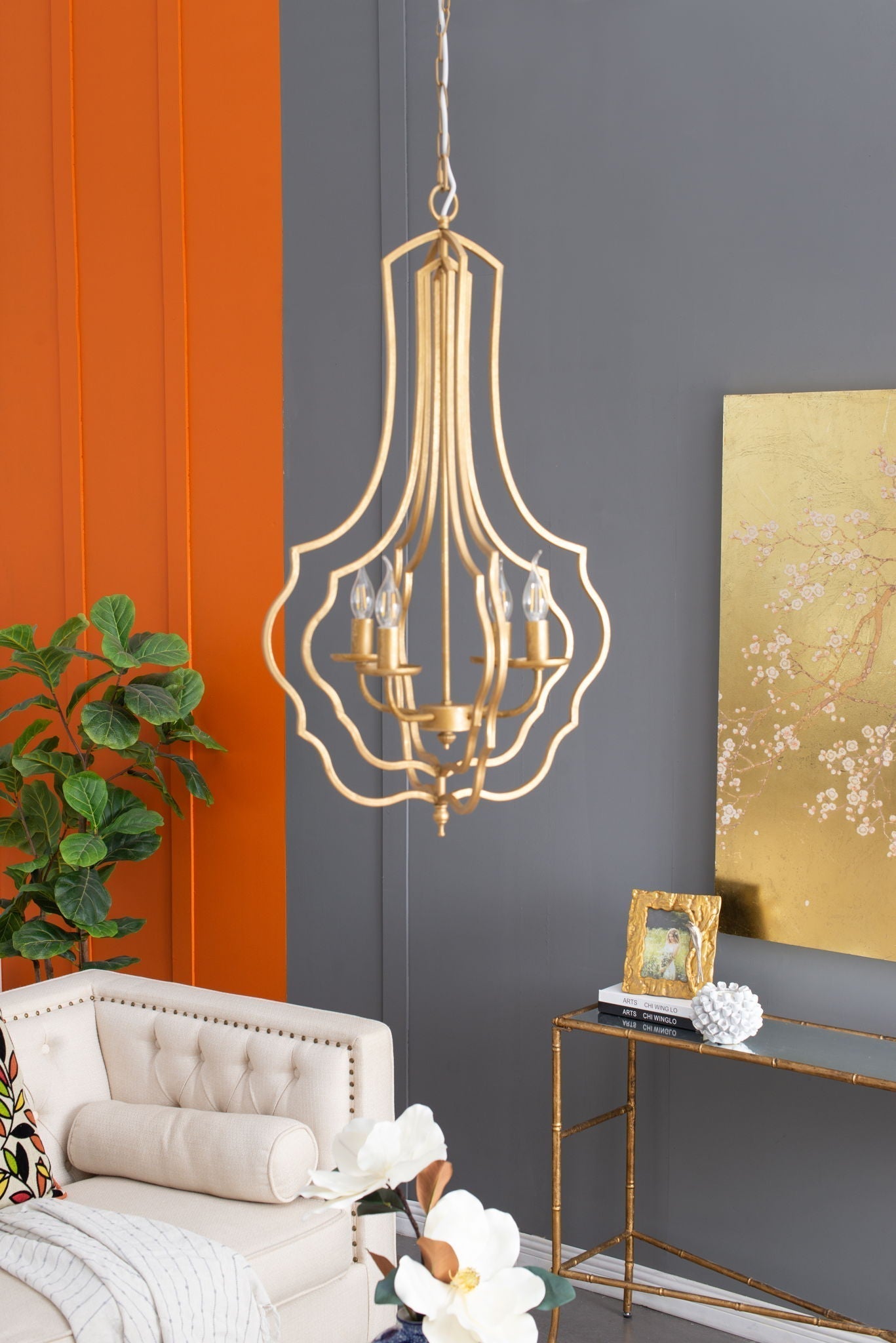 4 Light Chandelier With Adjustable Chain - Gold