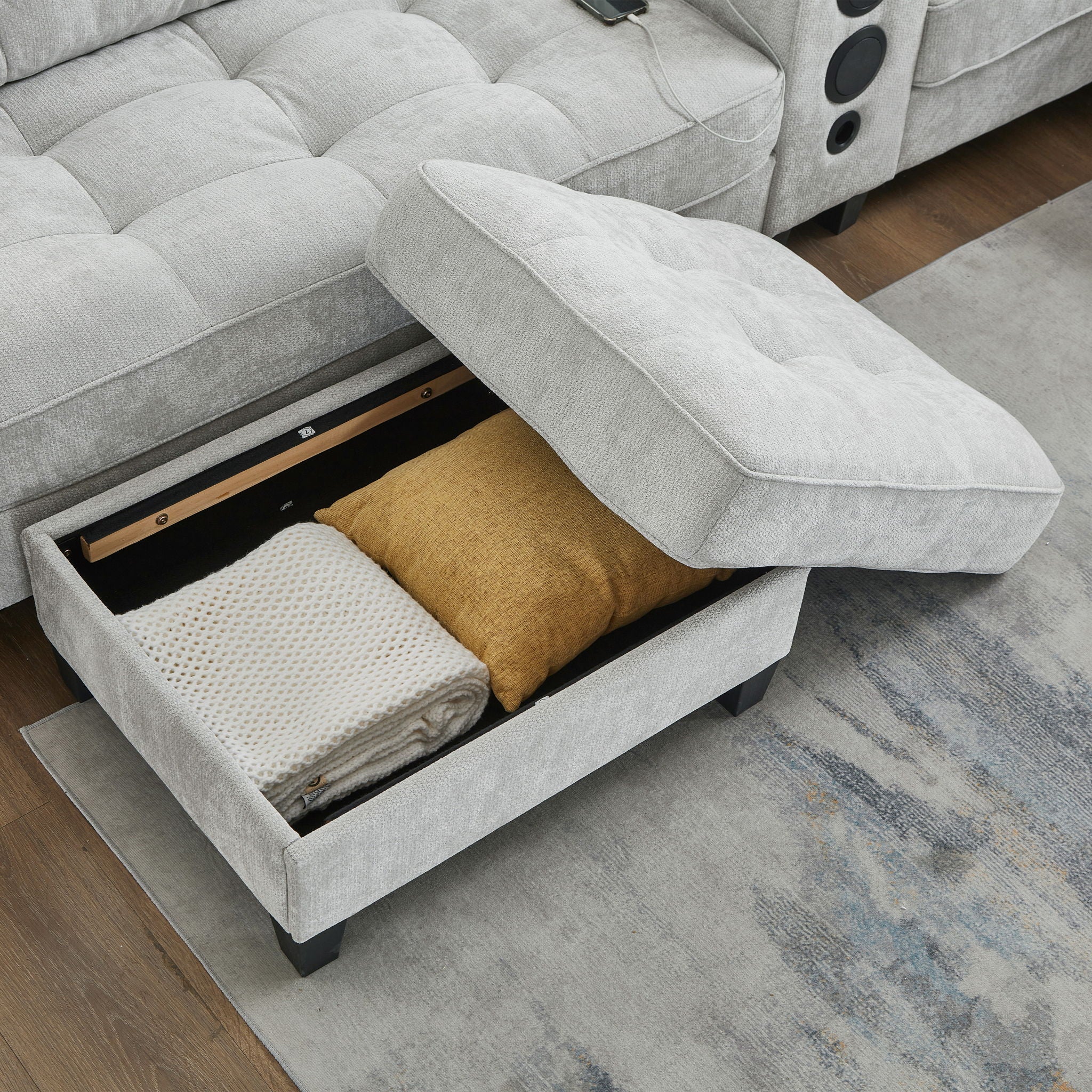 Modern Sectional Sofa U-Shaped With Movable Ottomans, Bluetooth Speakers, LED Lights And Modular Storage