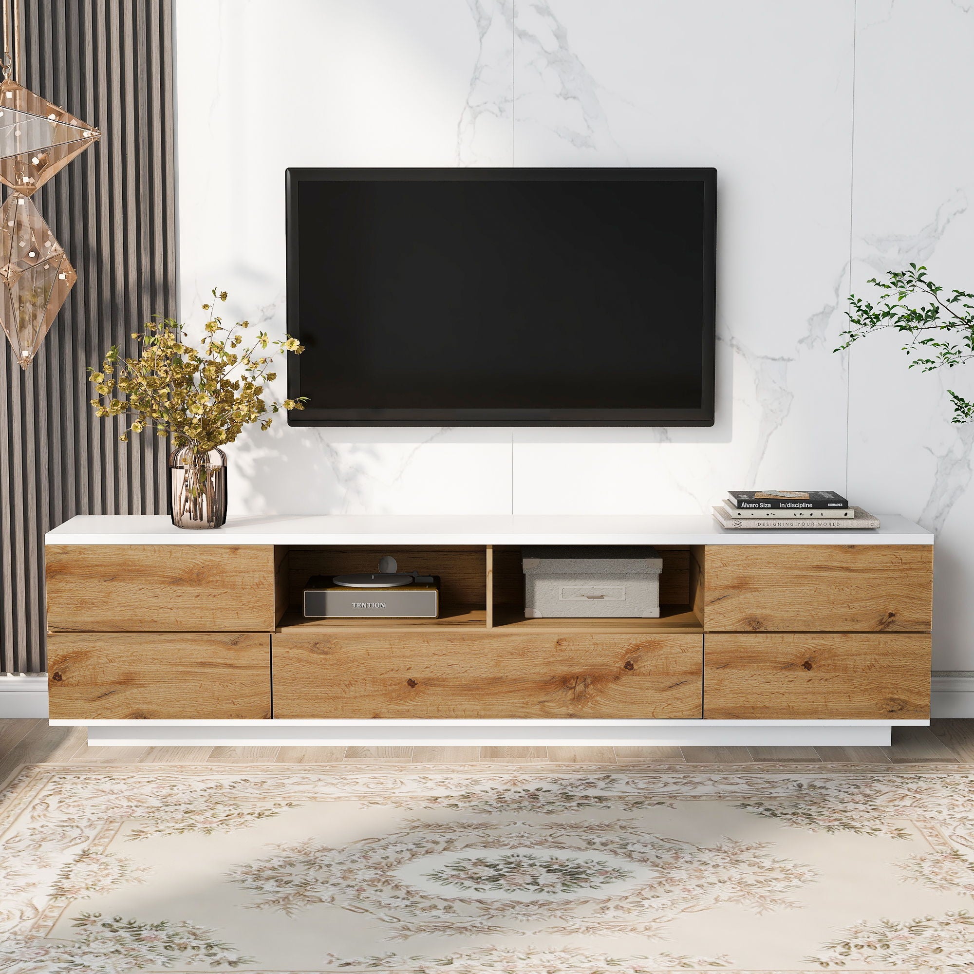 TV Stand, Entertainment Center With Deep Drawers, Cable Management & Soft Closing Hinges